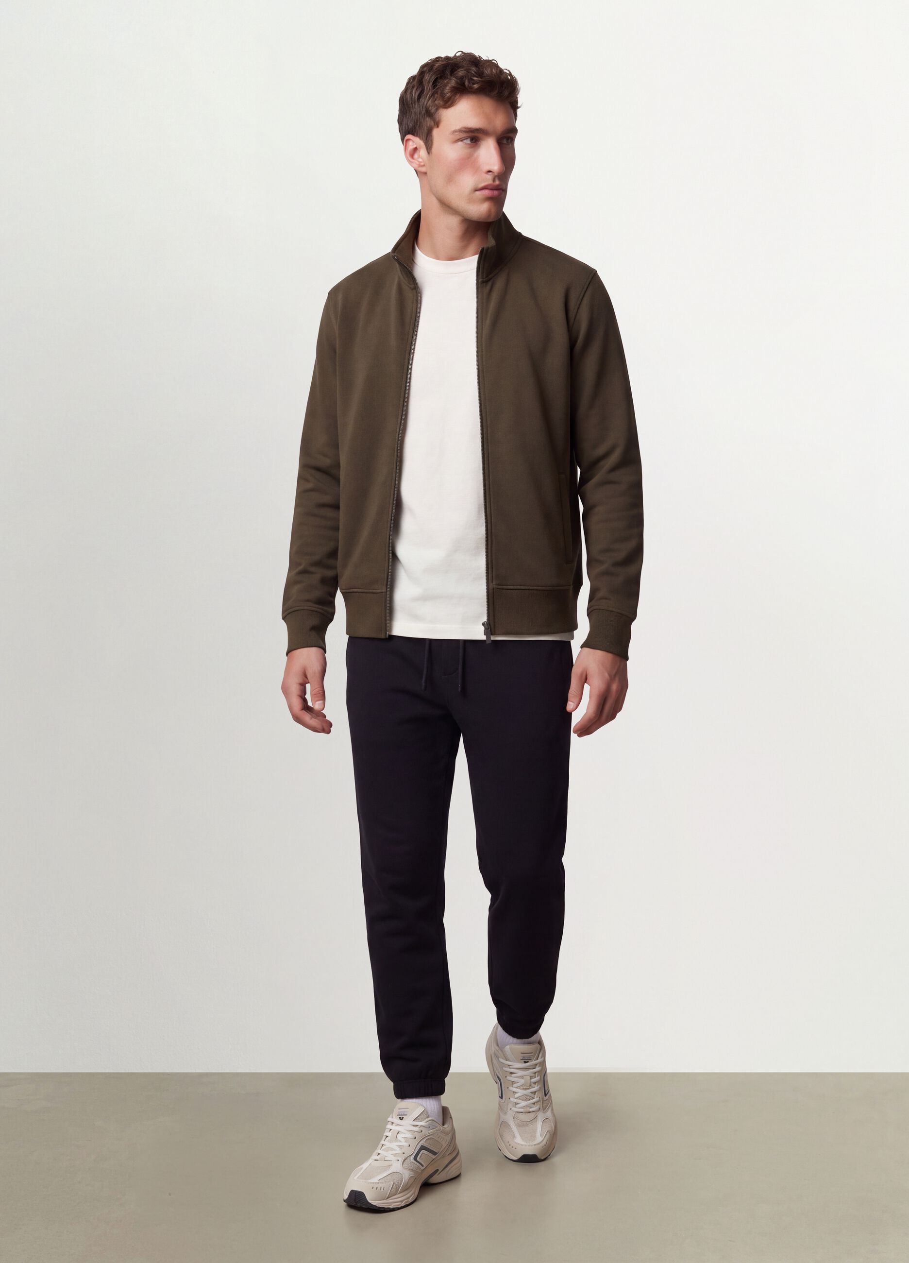 Green cotton-blend sweatshirt with crew neck and zip, regular fit