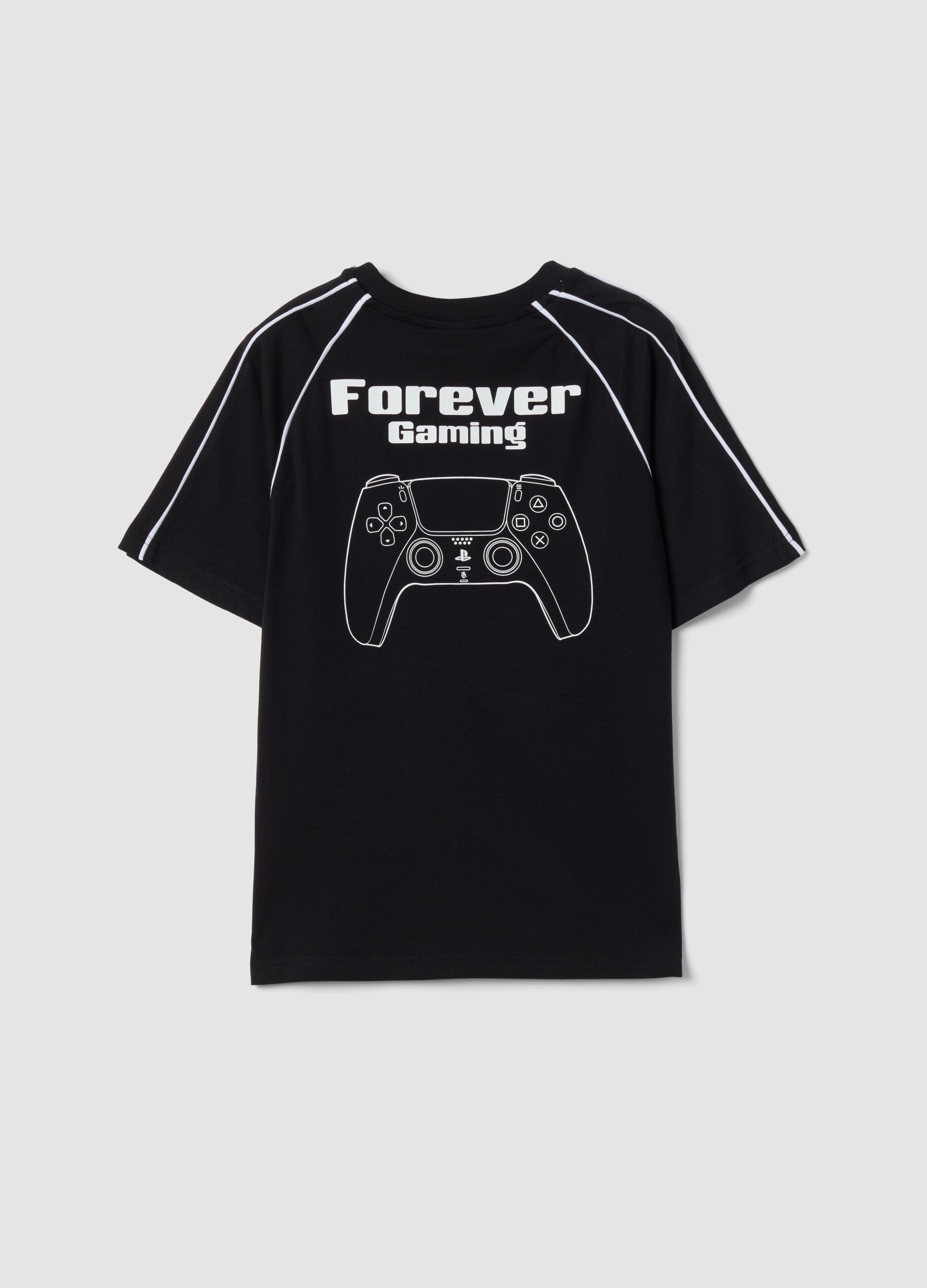 Black pure cotton crew-neck T-shirt with PlayStation print