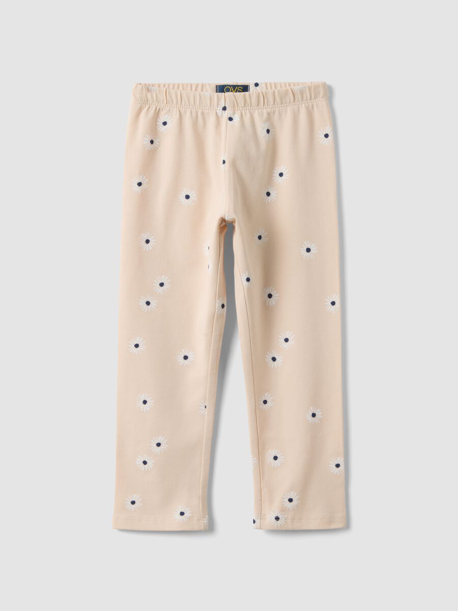 Girls' beige skinny leggings in stretch cotton with flowers_0