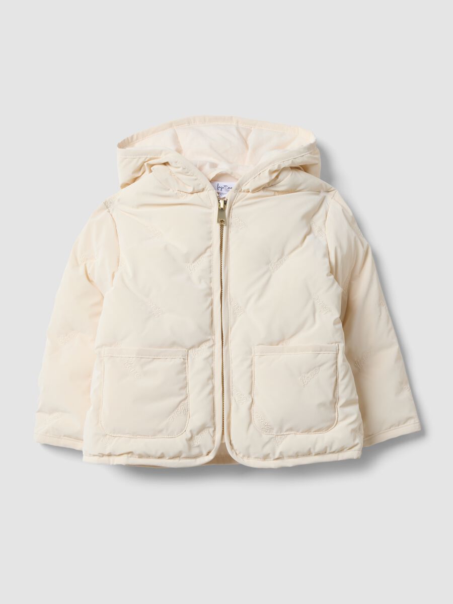 Beige padded hooded zip-up jacket for baby girl_0