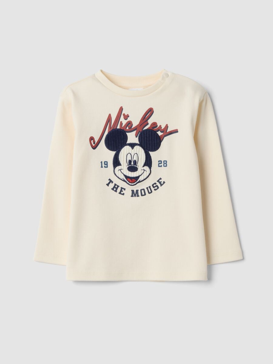 T-shirt beige girocollo in puro cotone organico con stampa Mickey_0