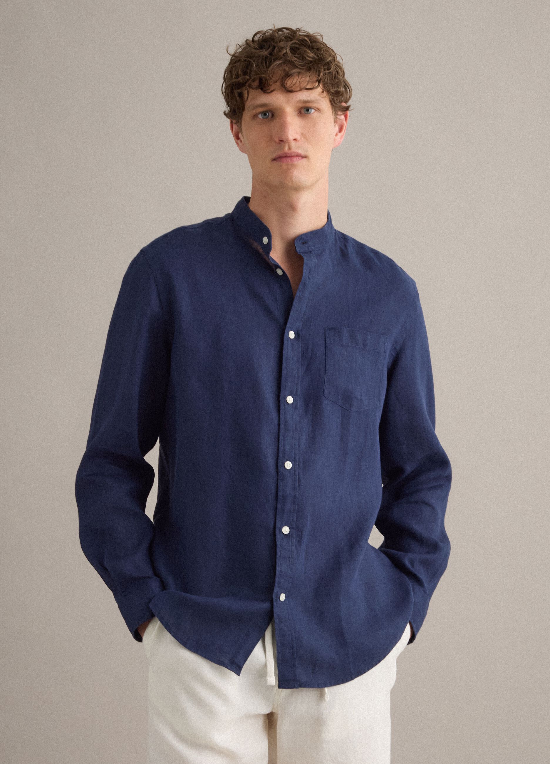 Blue pure linen shirt with band collar, regular fit