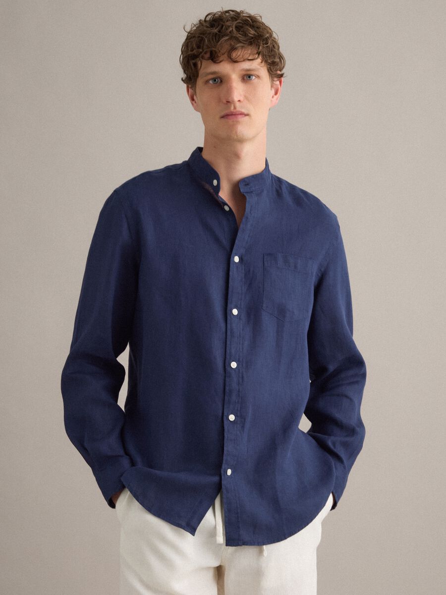 Blue pure linen shirt with band collar, regular fit_1