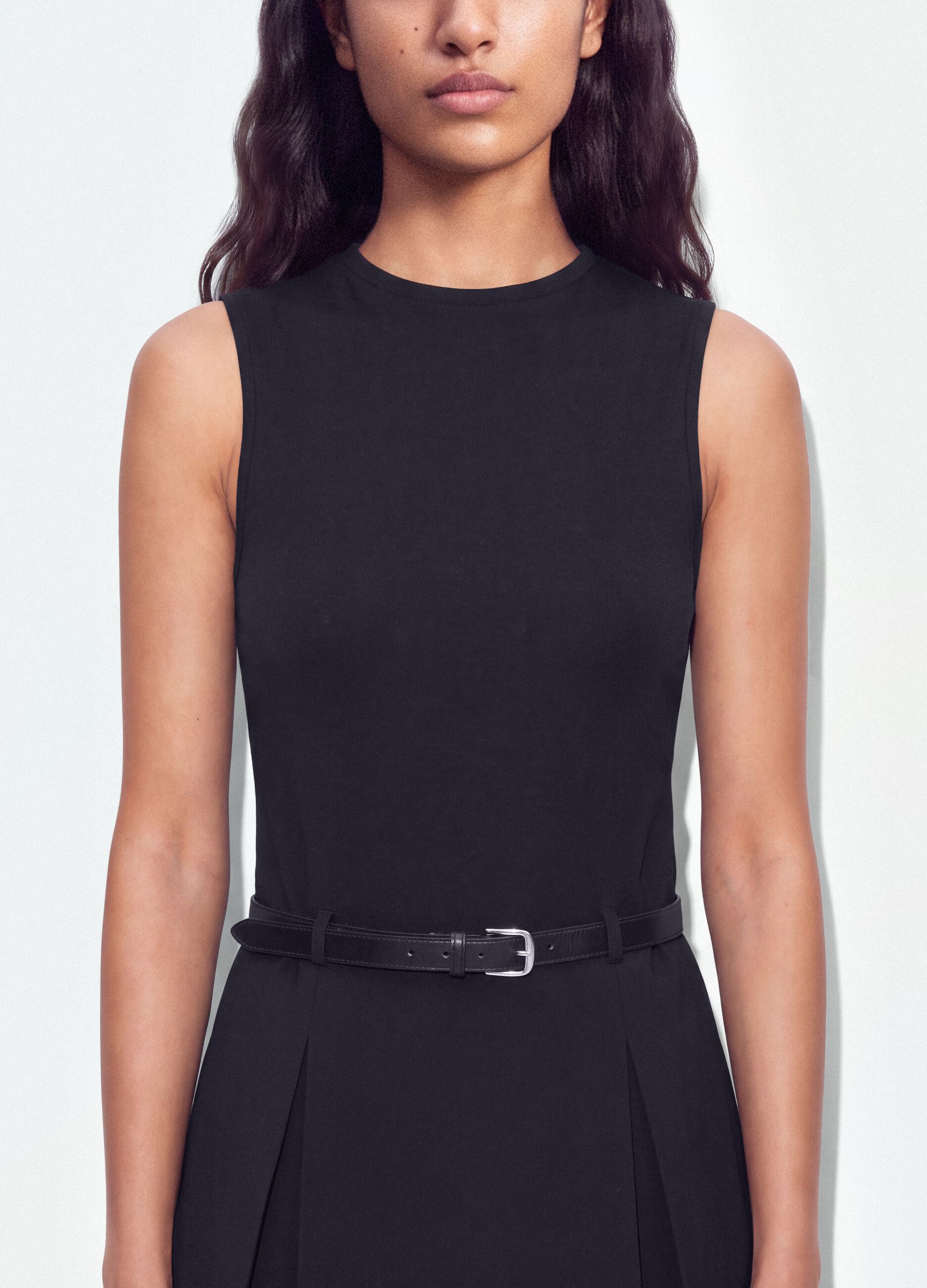 Black stretch viscose dress with structured high neckline