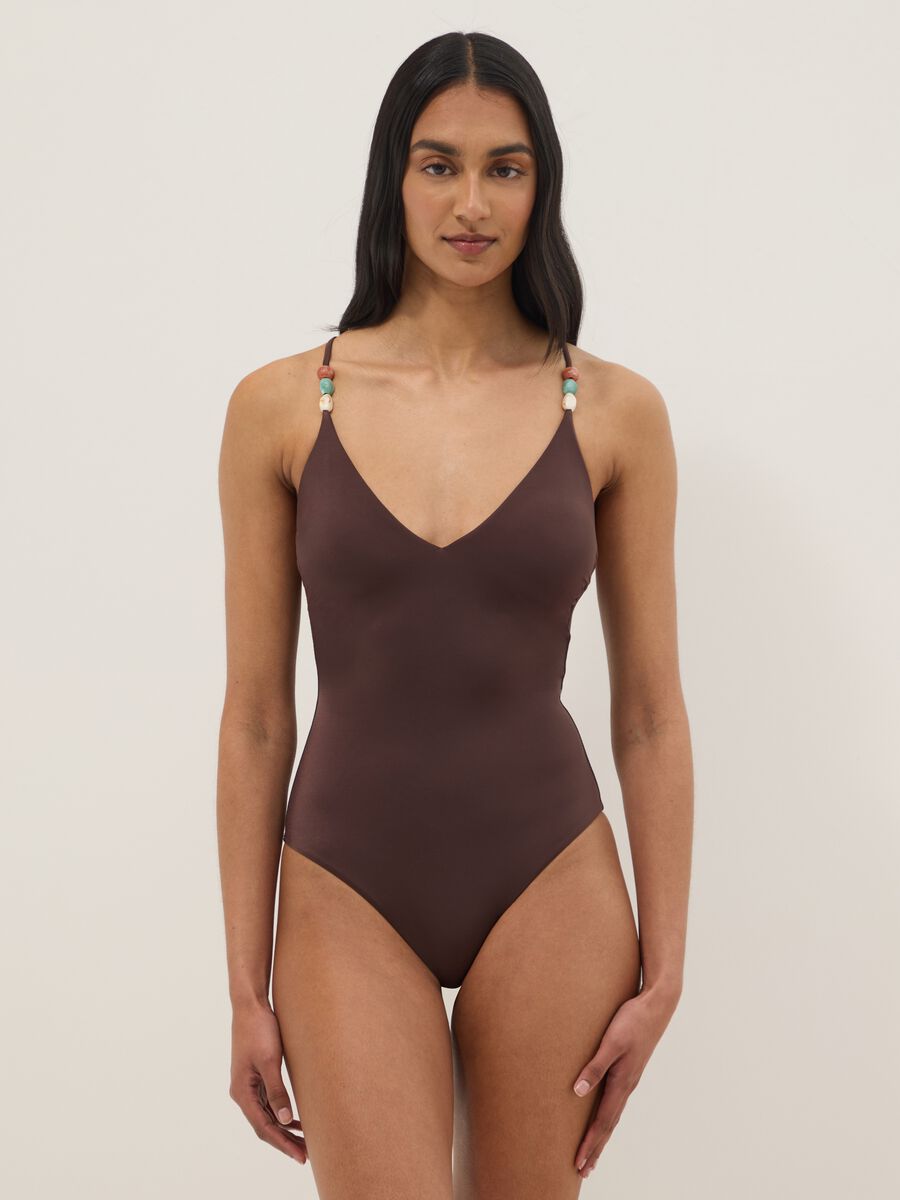 Brauner Stretch-Badeanzug mit Schmucksteinen_1