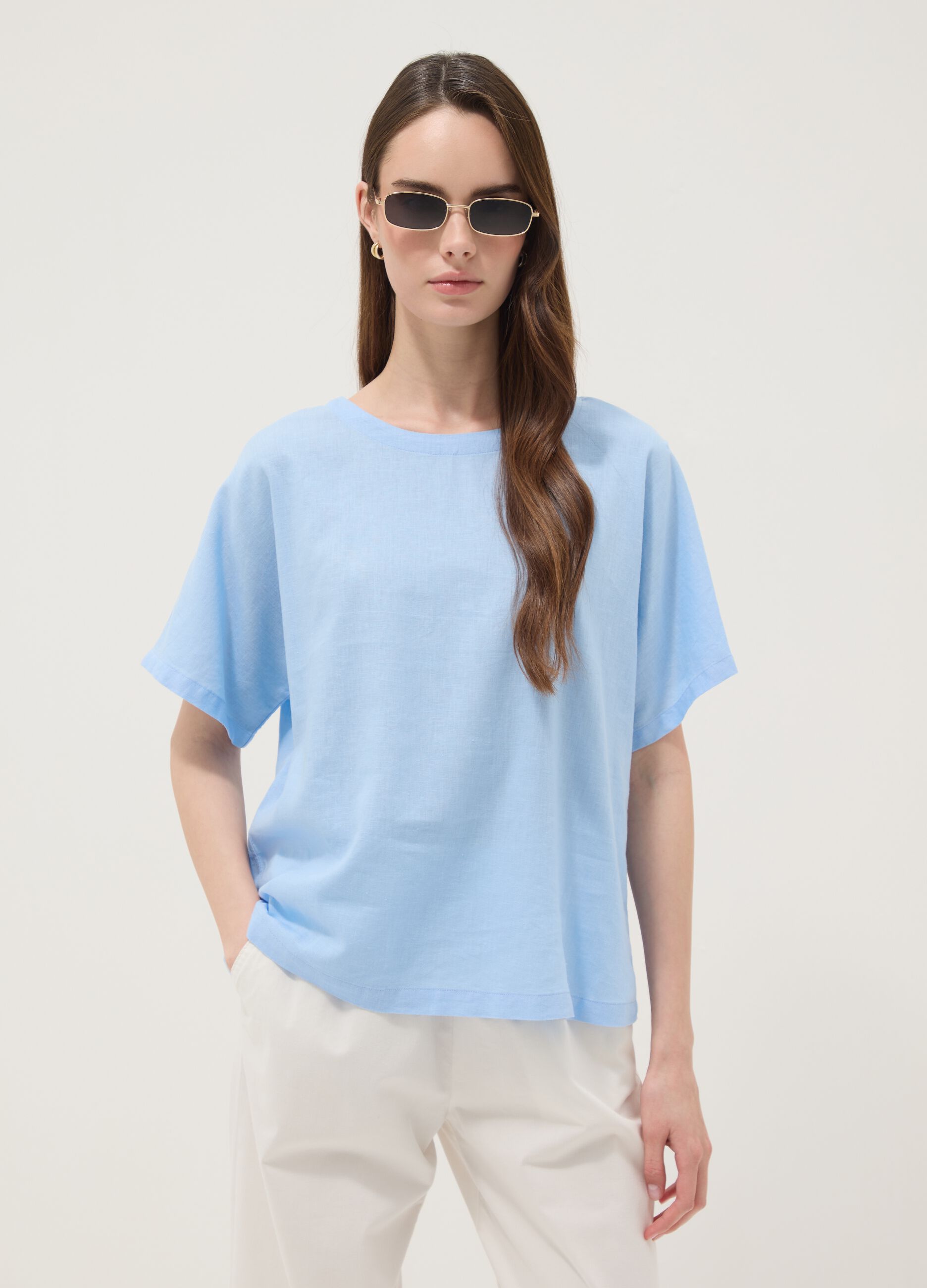 Light blue linen and viscose-blend blouse, regular fit