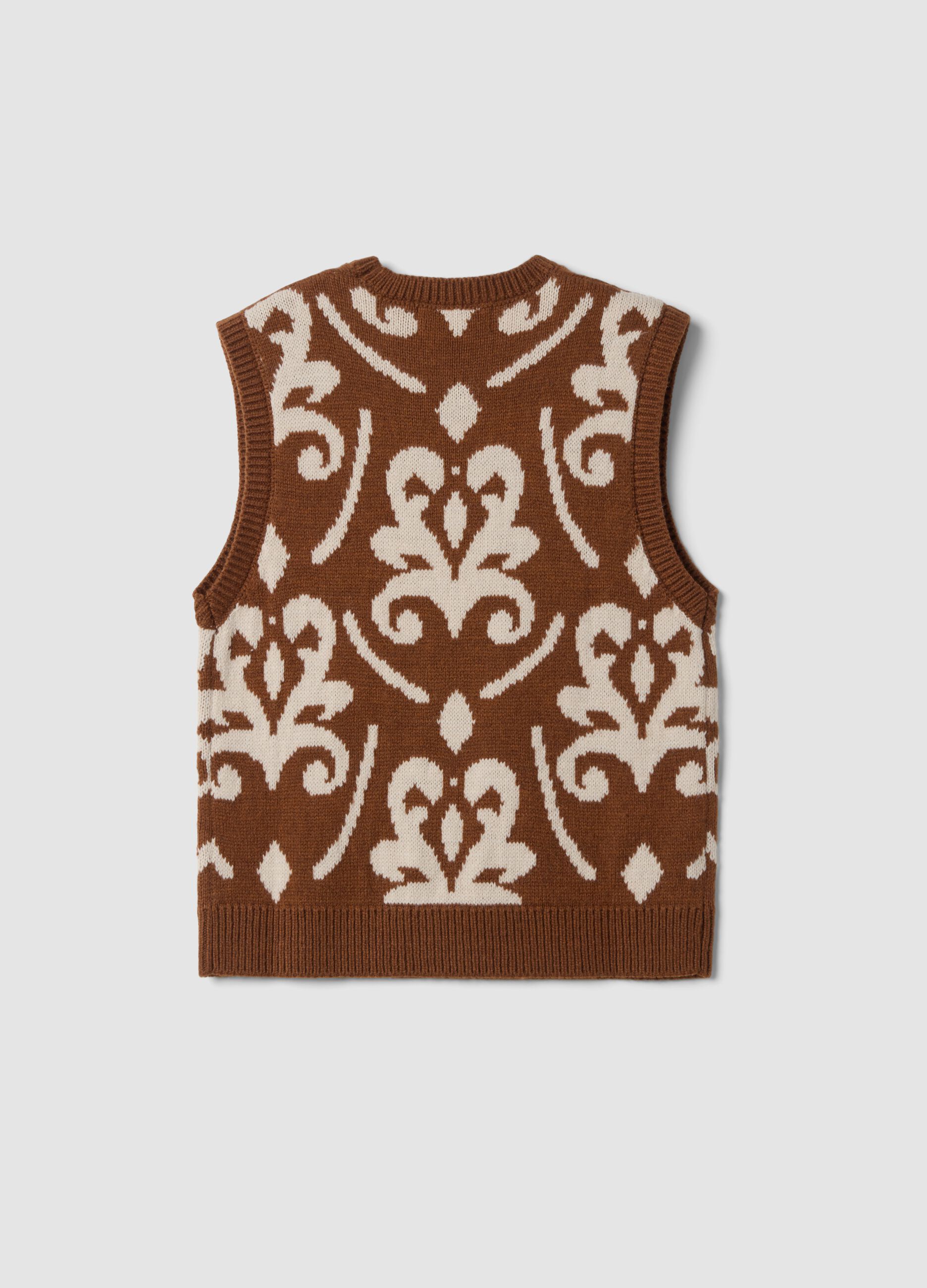 Brown and white wool-blend crew-neck gilet