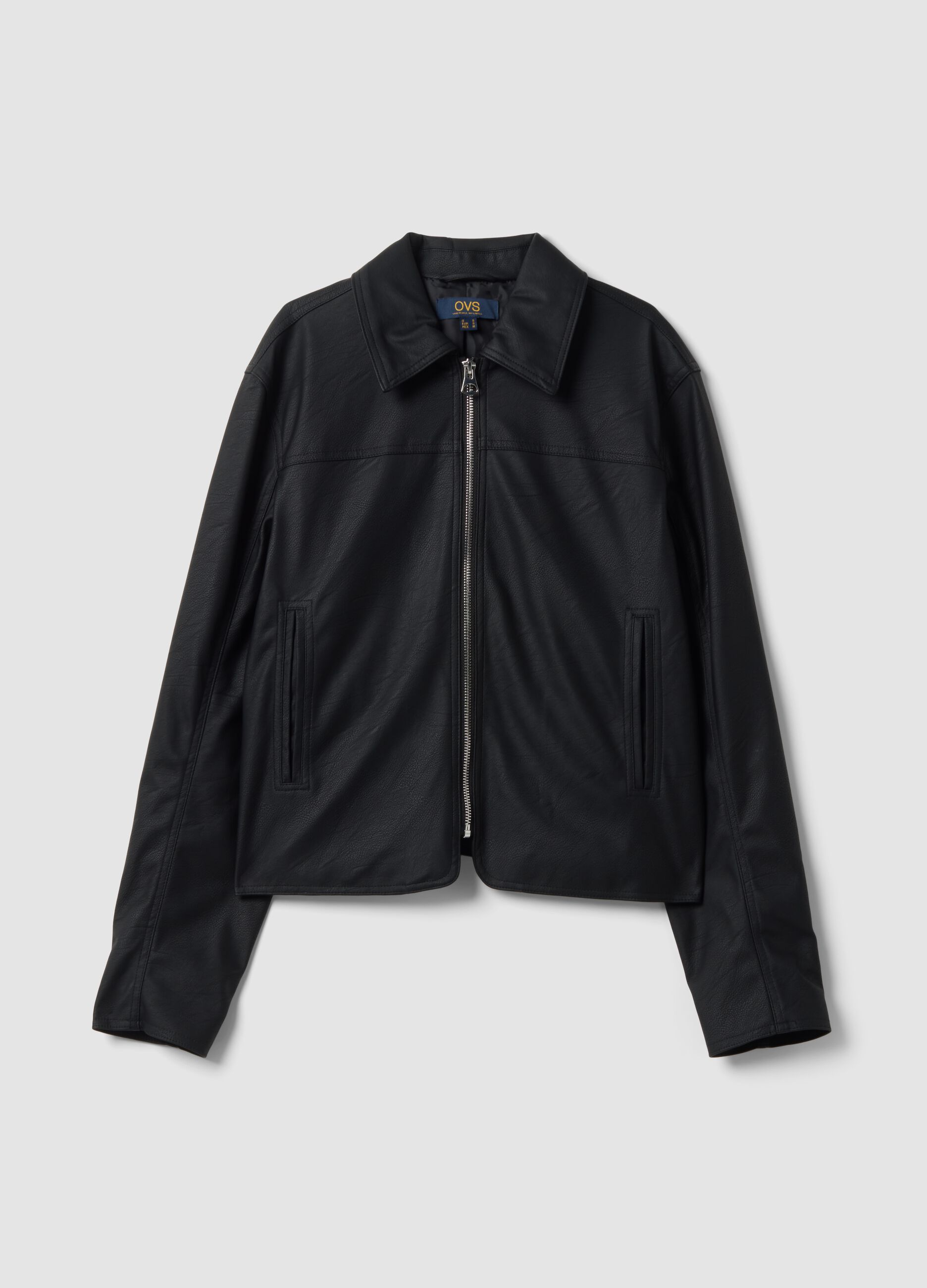Black zip-up jacket with slim-fit collar