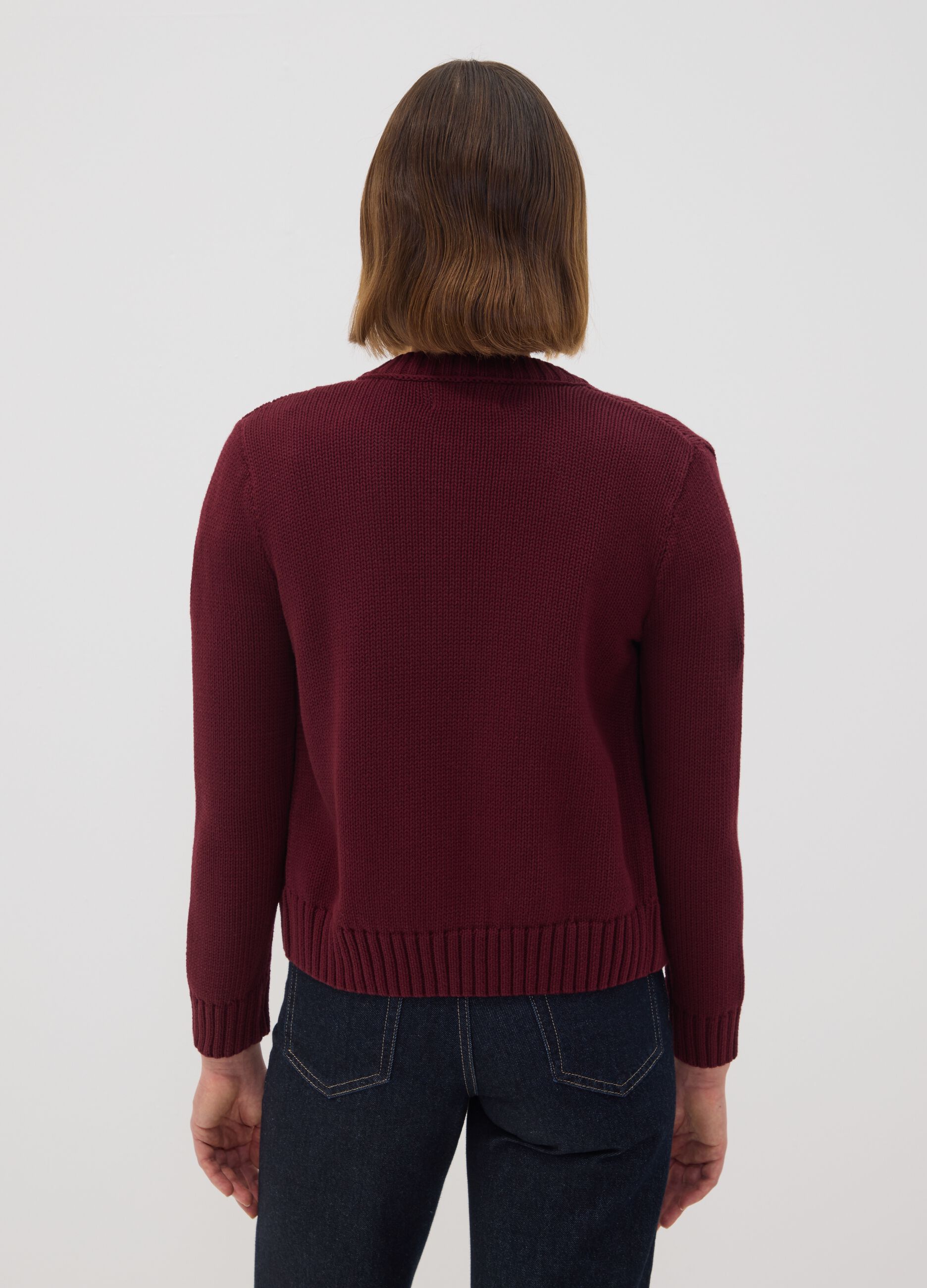 Burgundy pure cotton crew-neck cardigan with buttons, regular fit