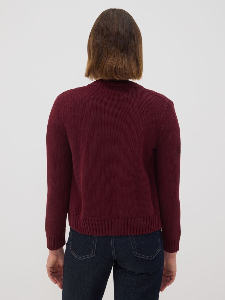 Burgundy pure cotton crew-neck cardigan with buttons, regular fit_3