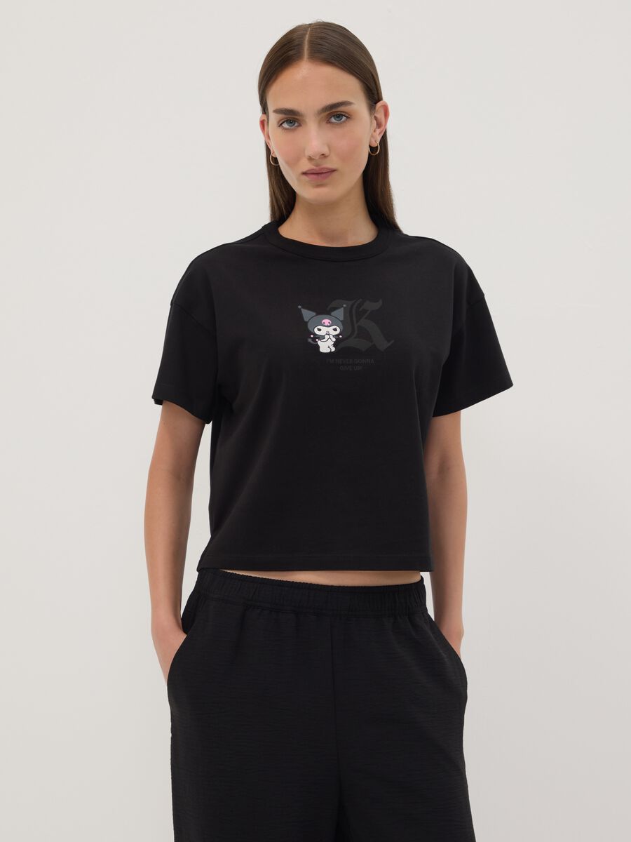 Black pure cotton Kuromi print T-shirt, regular fit_0