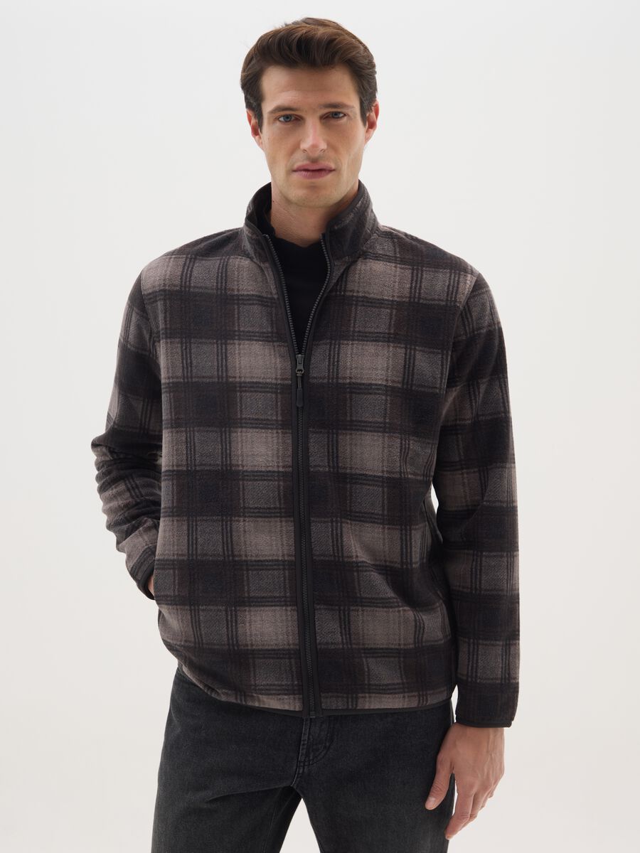 Multicolor Kariertes Hochkragen Fleece Zip Jacket Regular Fit_0