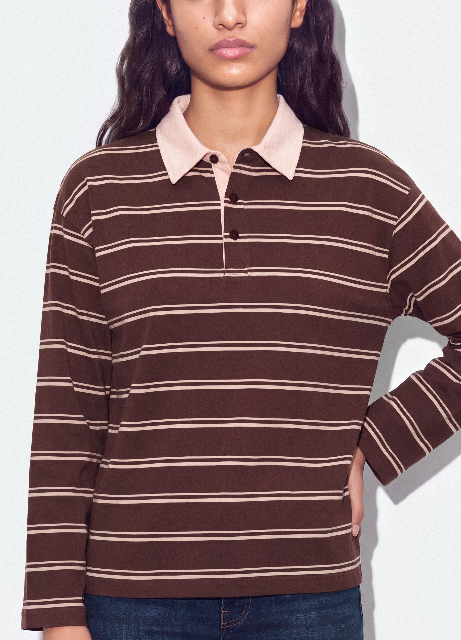 Braunes Polo aus reiner Baumwolle mit Streifen, Langarm, Regular Fit