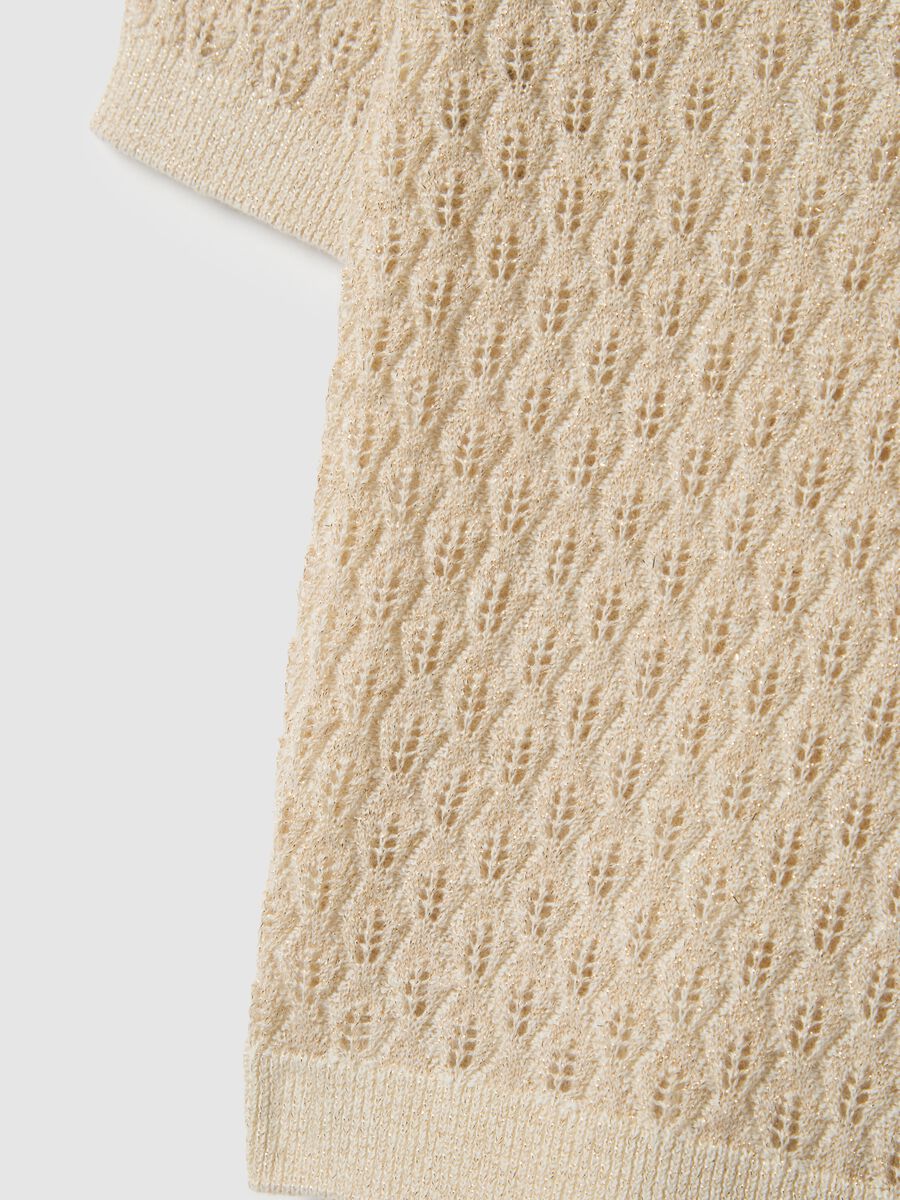 Beige cotton blend girl's polo with regular fit and eyelet detail_3