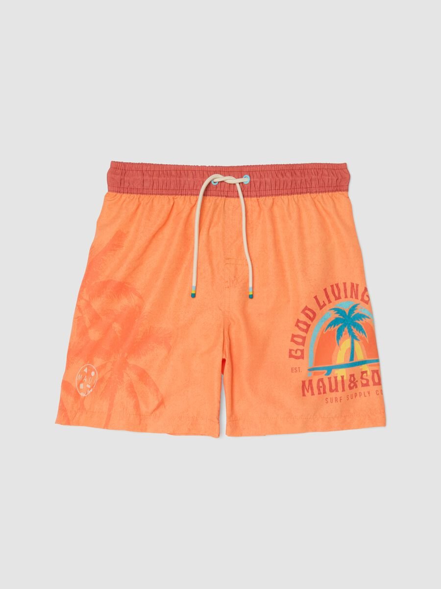 Orangefarbene Jungen-Badeshorts mit Tropenprint_0