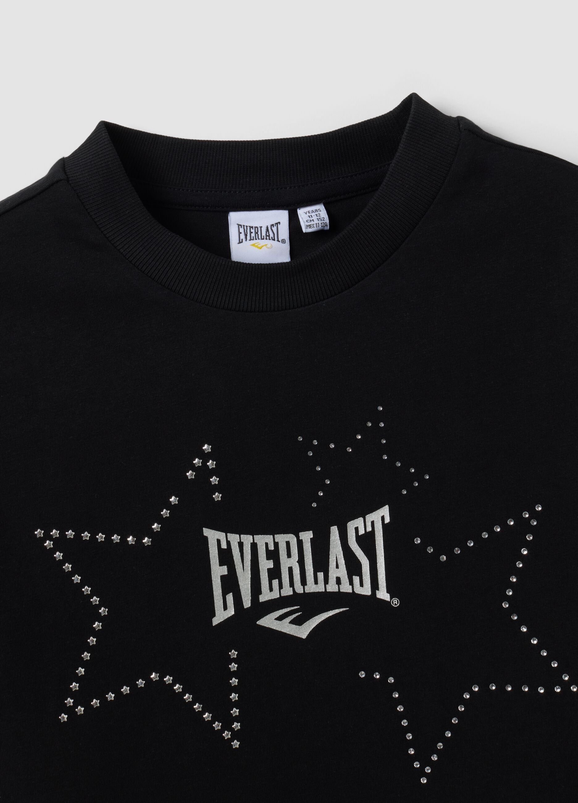 Girls&rsquo; cropped black pure cotton T-shirt with embellished stars