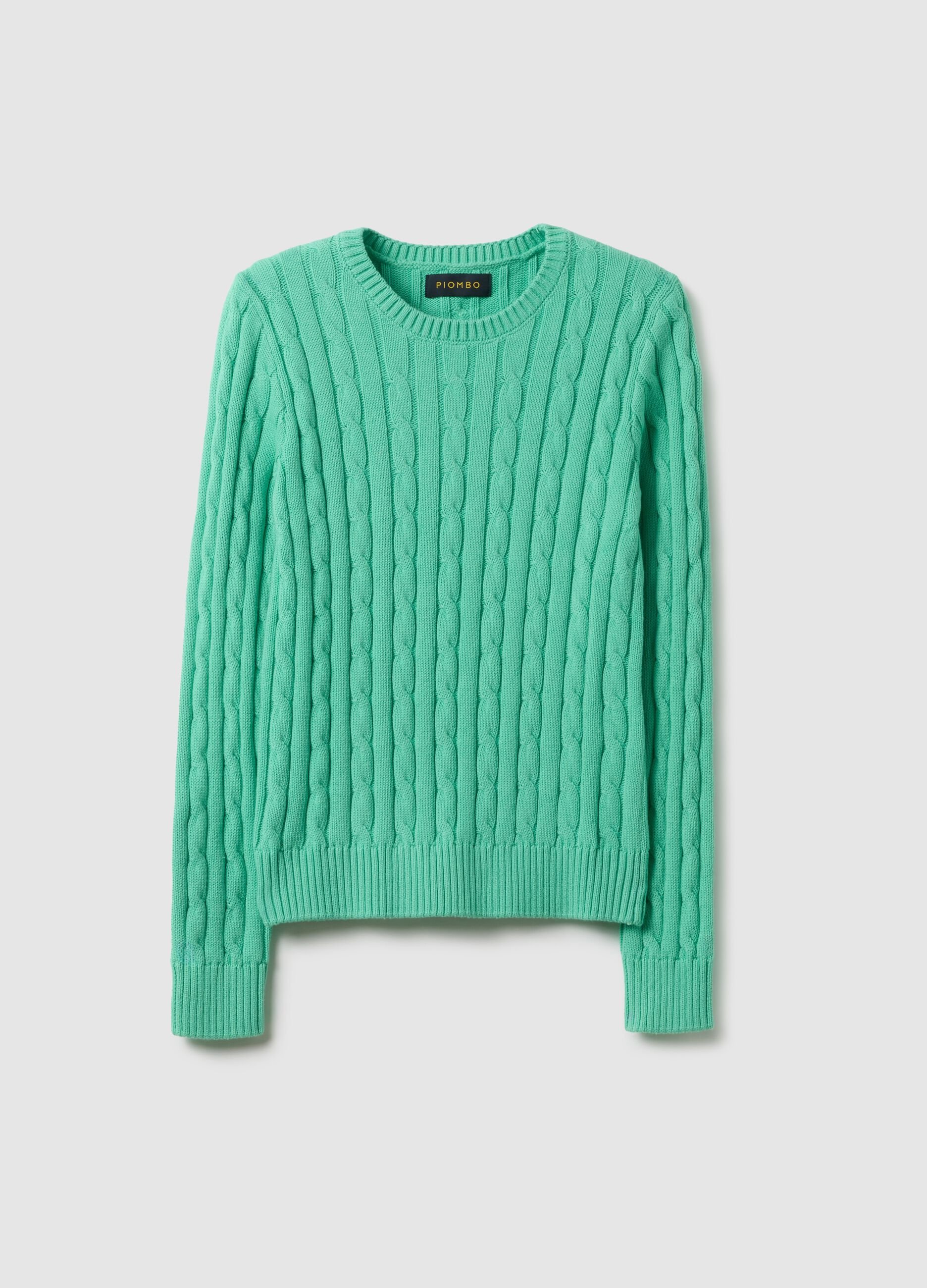 Green pure cotton regular fit sweater with cable knit