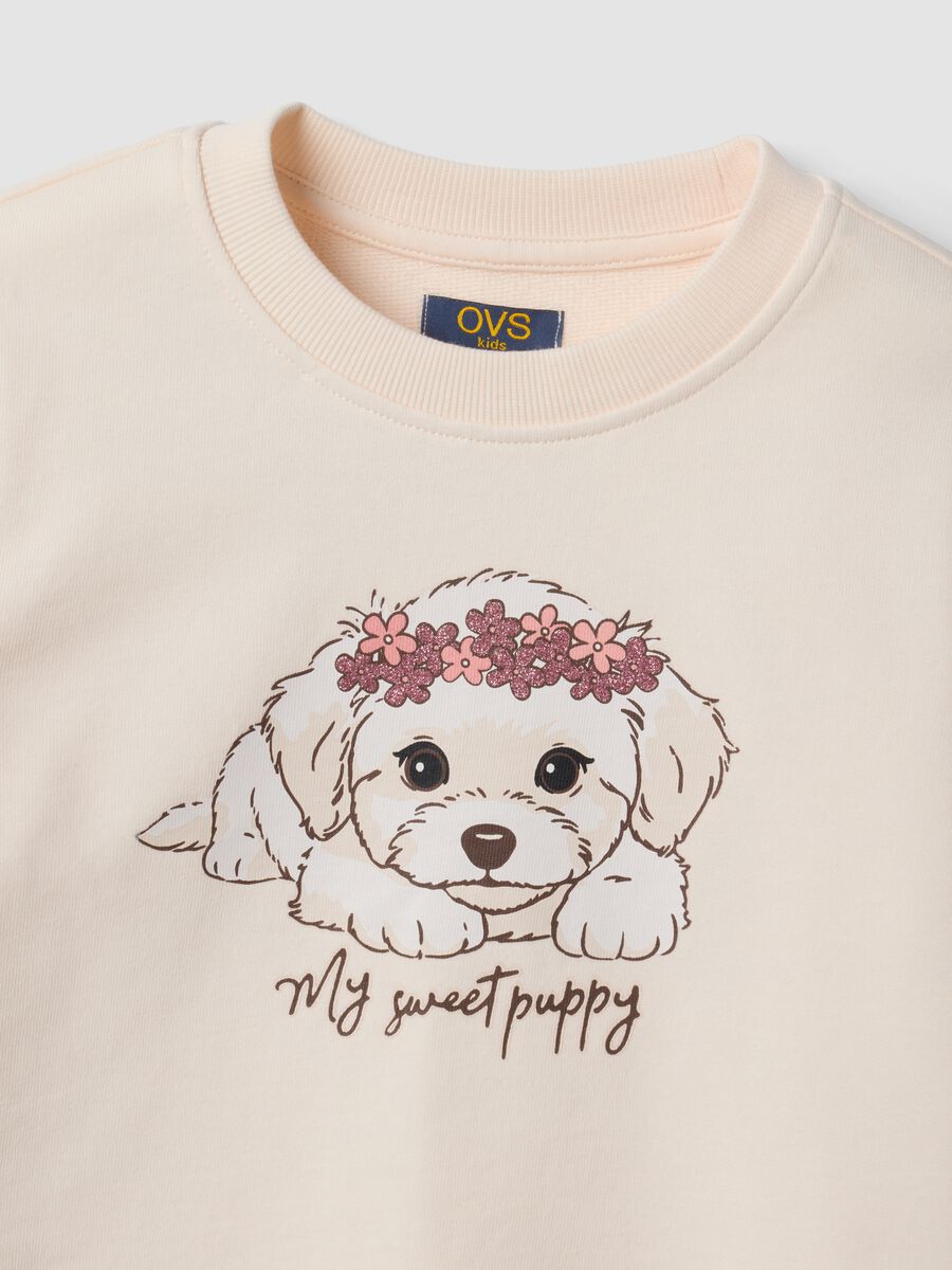 Beige pure cotton sweatshirt with crew neck and puppy print_3