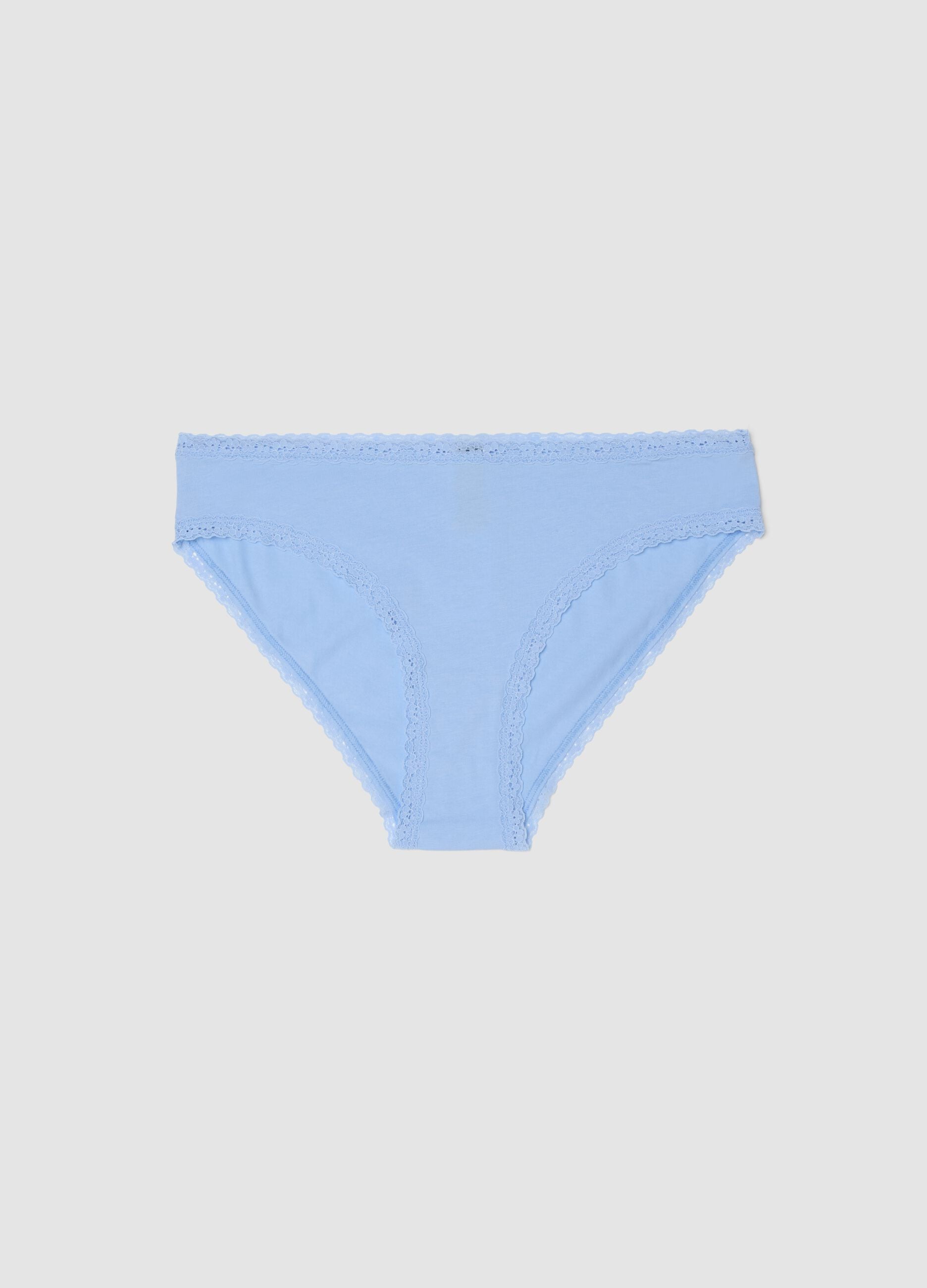 Regular fit blue stretch cotton briefs with lace details