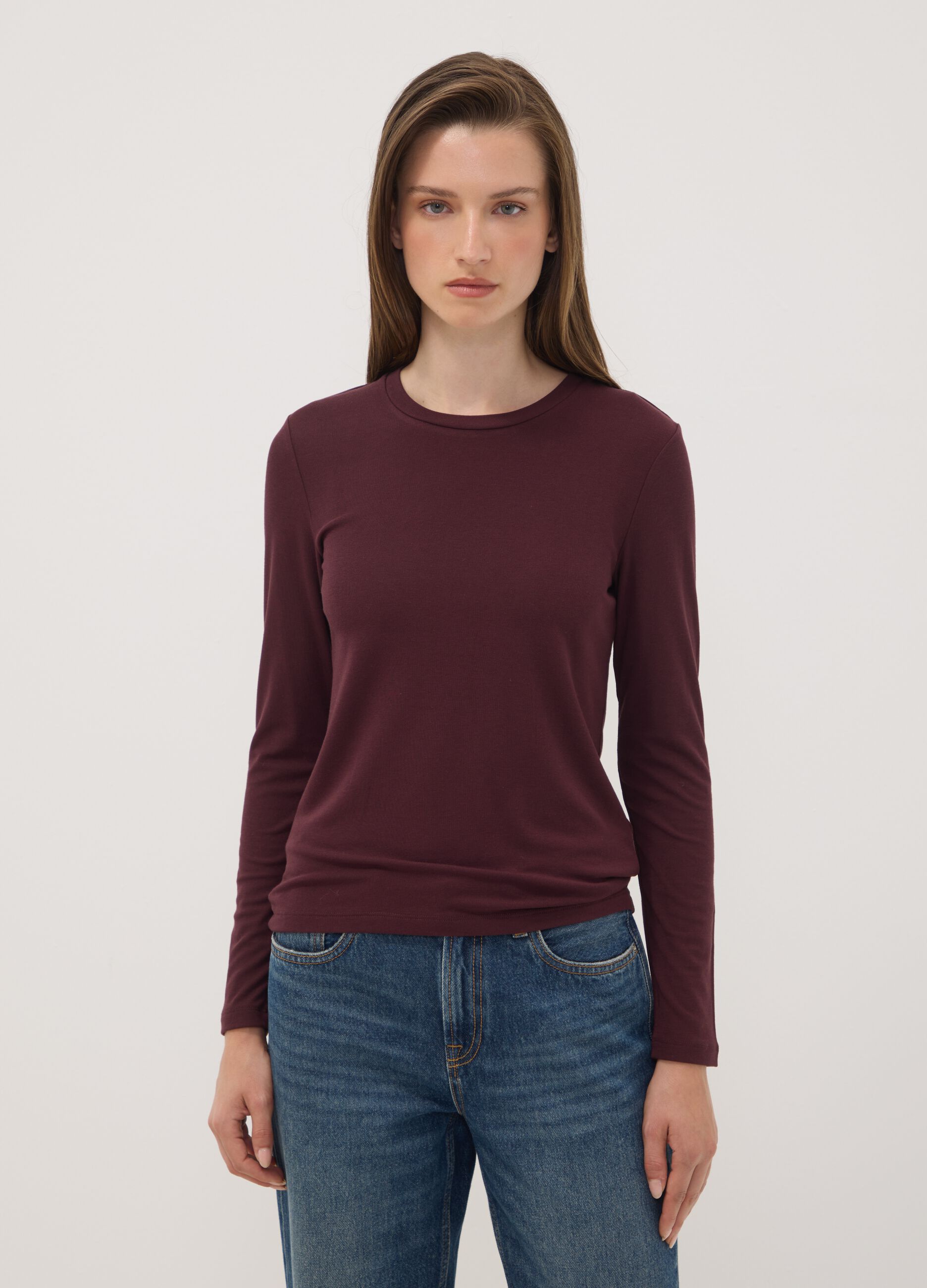 T-shirt viola girocollo in viscosa e lana elasticizzata regular fit