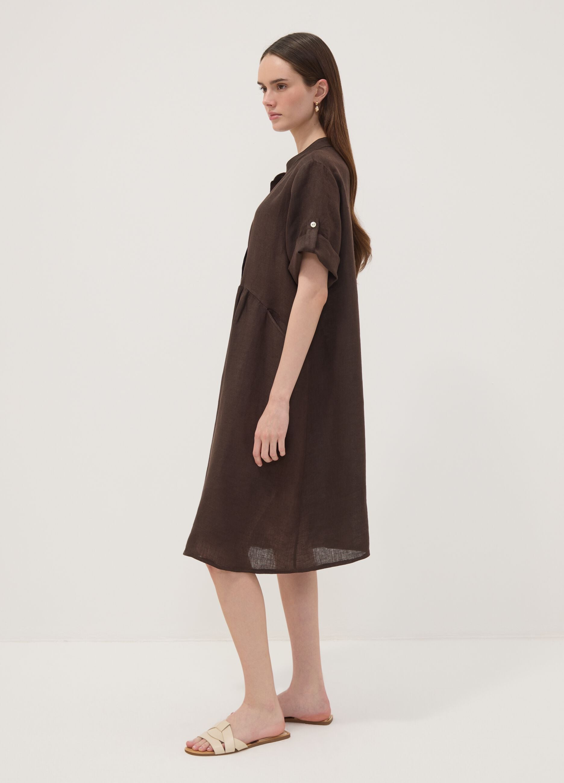 Brown pure linen dress with Mandarin collar, regular fit