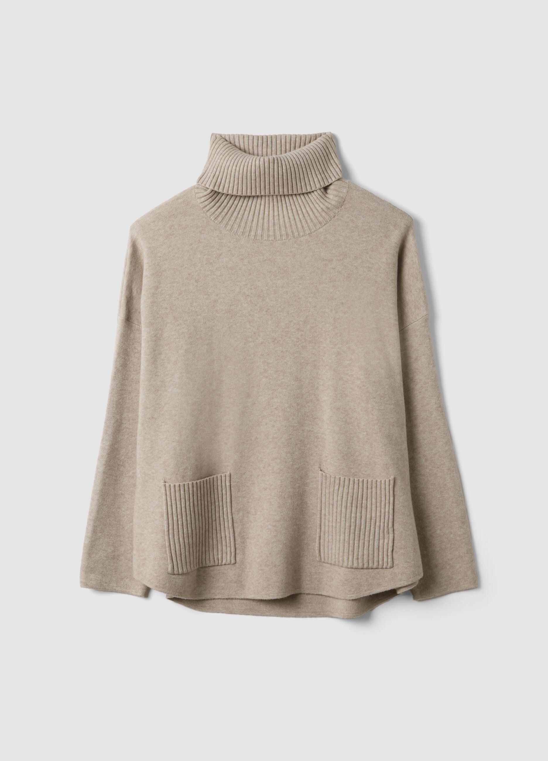 Camel viscose-blend jumper with ribbed high neck, regular fit