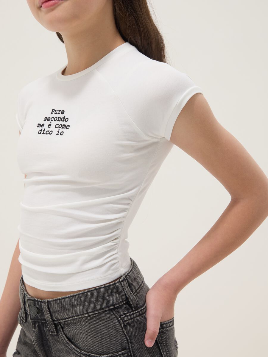 Girls' slim fit white stretch cotton t-shirt with slogan_2