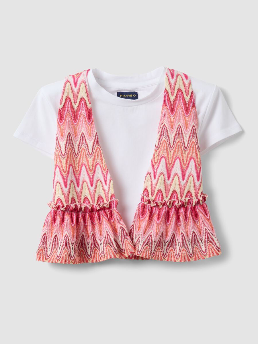 White stretch cotton T-shirt with patterned insert_3