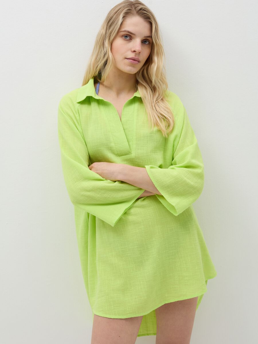 Long beach cover-up blouse with polo neck_1