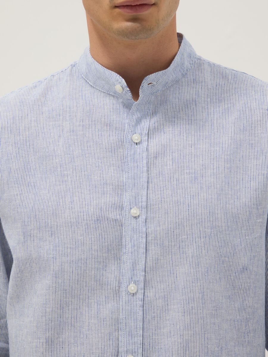 Multicoloured striped shirt with band collar in linen and cotton blend, regular fit_3