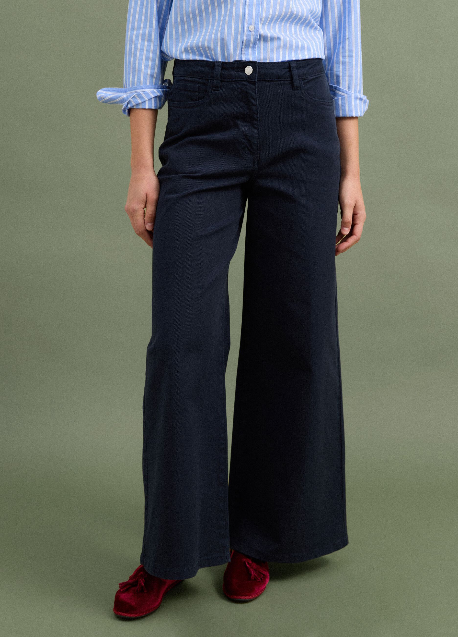 Navy stretch cotton wide-leg trousers