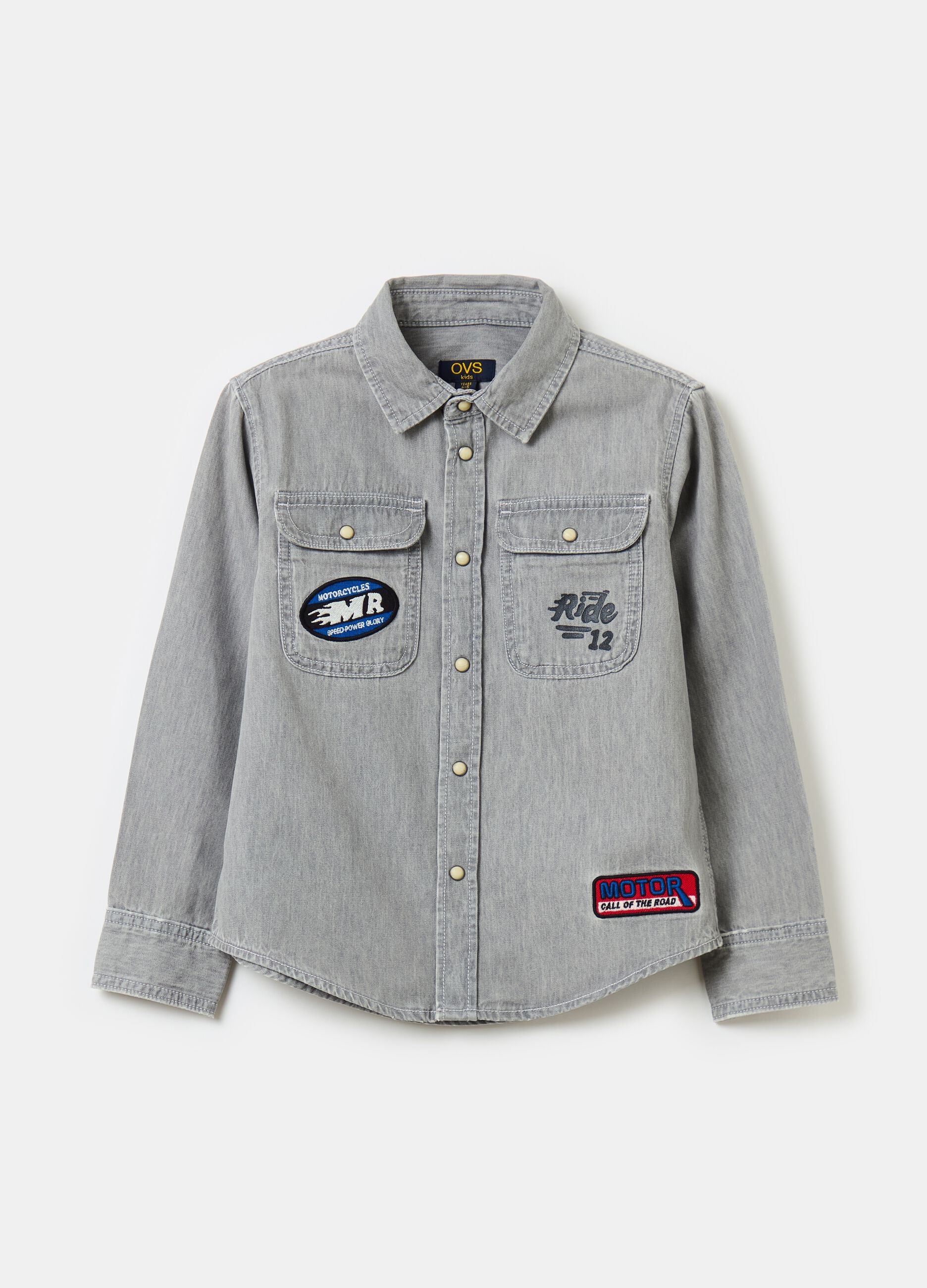Denim shirt with patch and motorcycle embroidery