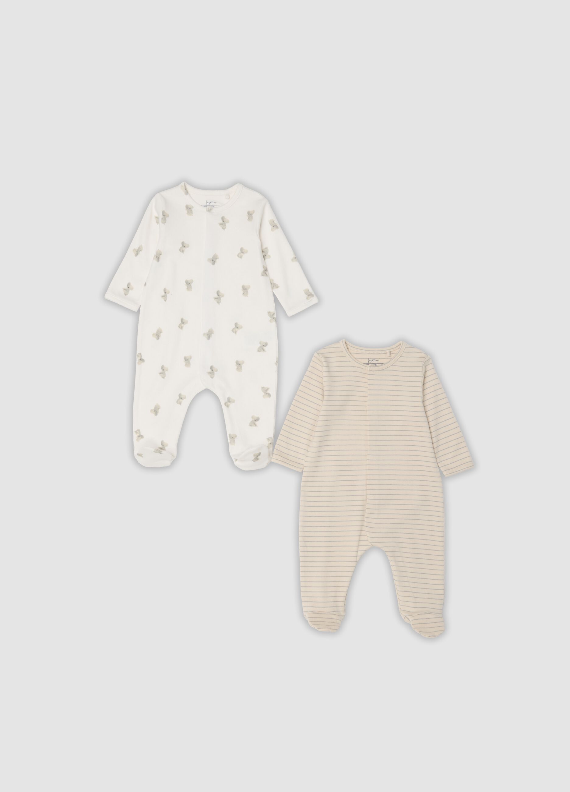 2-pack of organic cotton baby sleepsuits with feet in beige and white