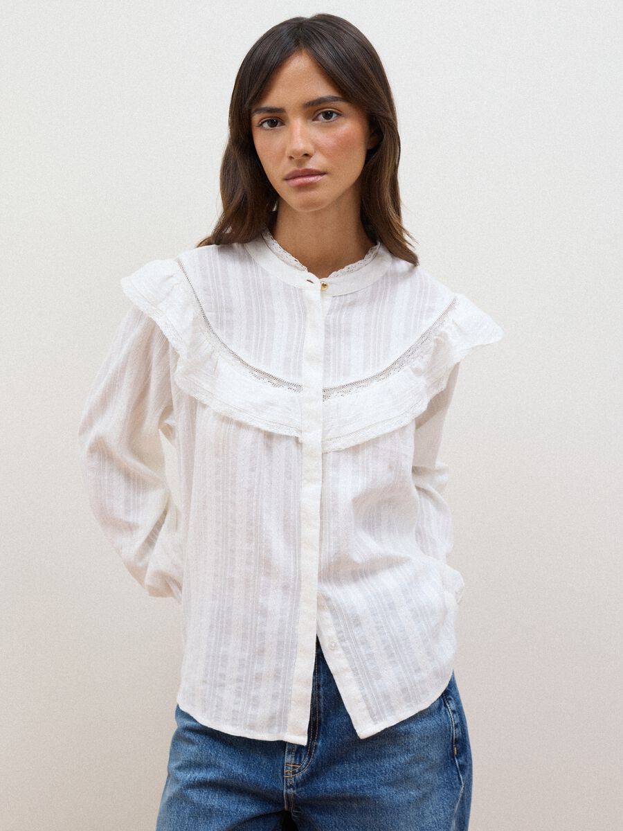 White pure cotton shirt with Mandarin collar and ruffles_1