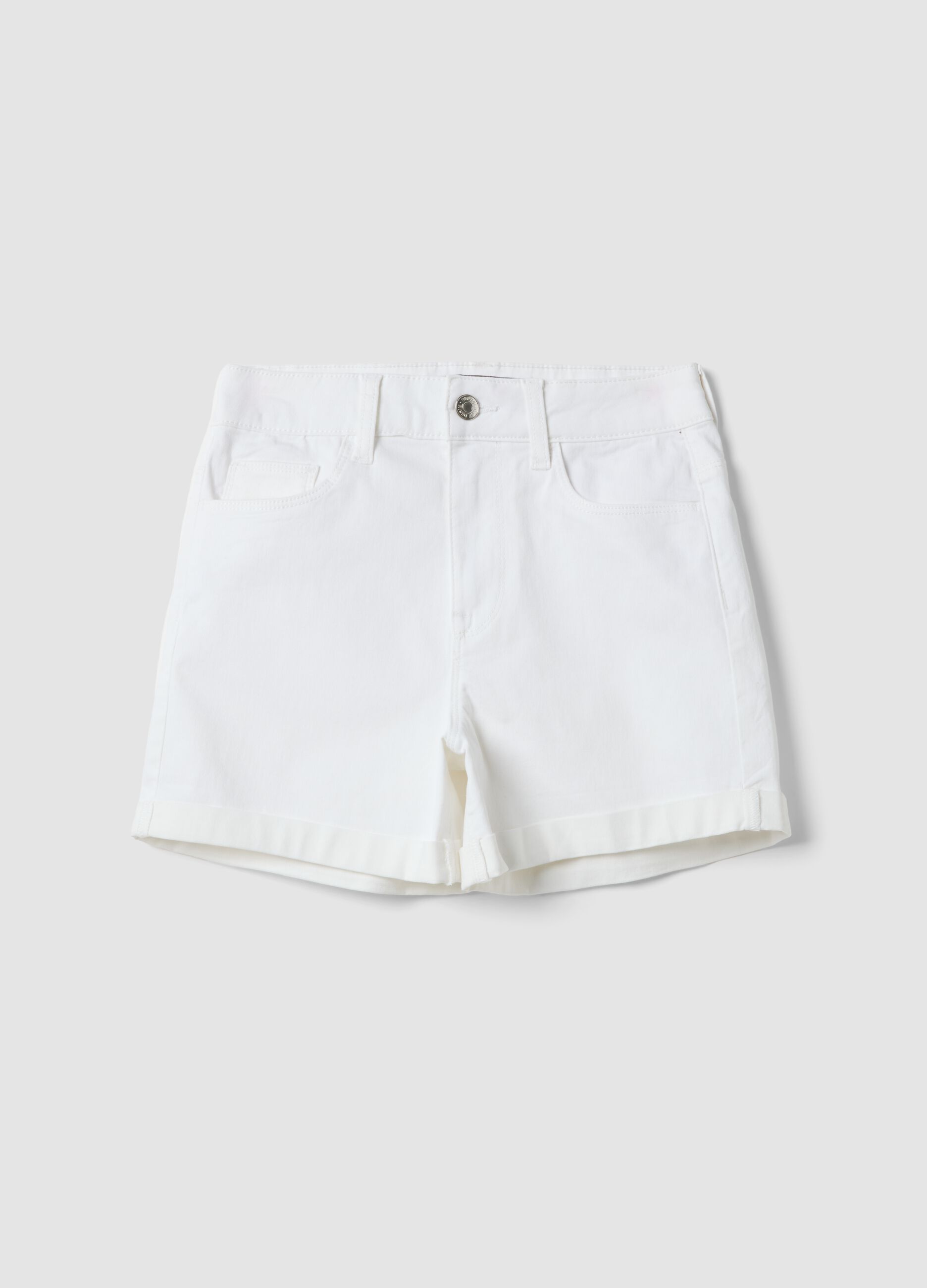 White stretch-cotton denim shorts, regular fit