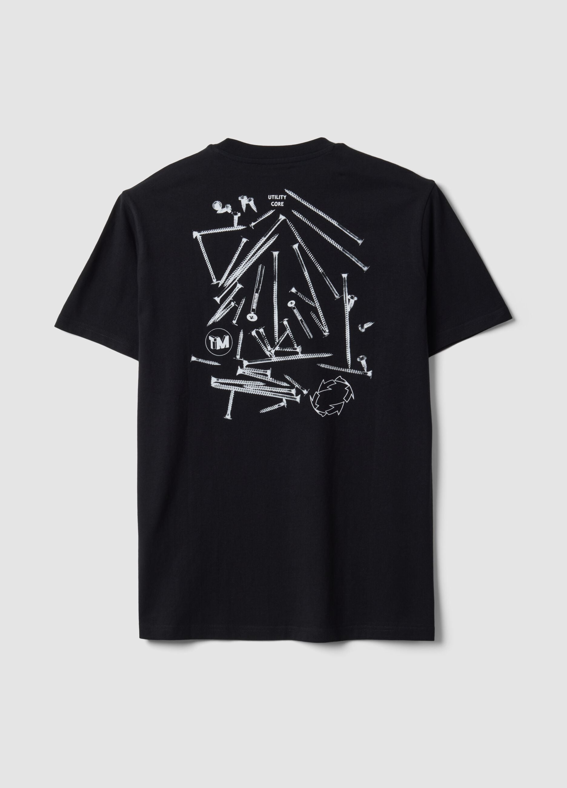 T-shirt preta em algod&atilde;o puro com decote redondo e estampado