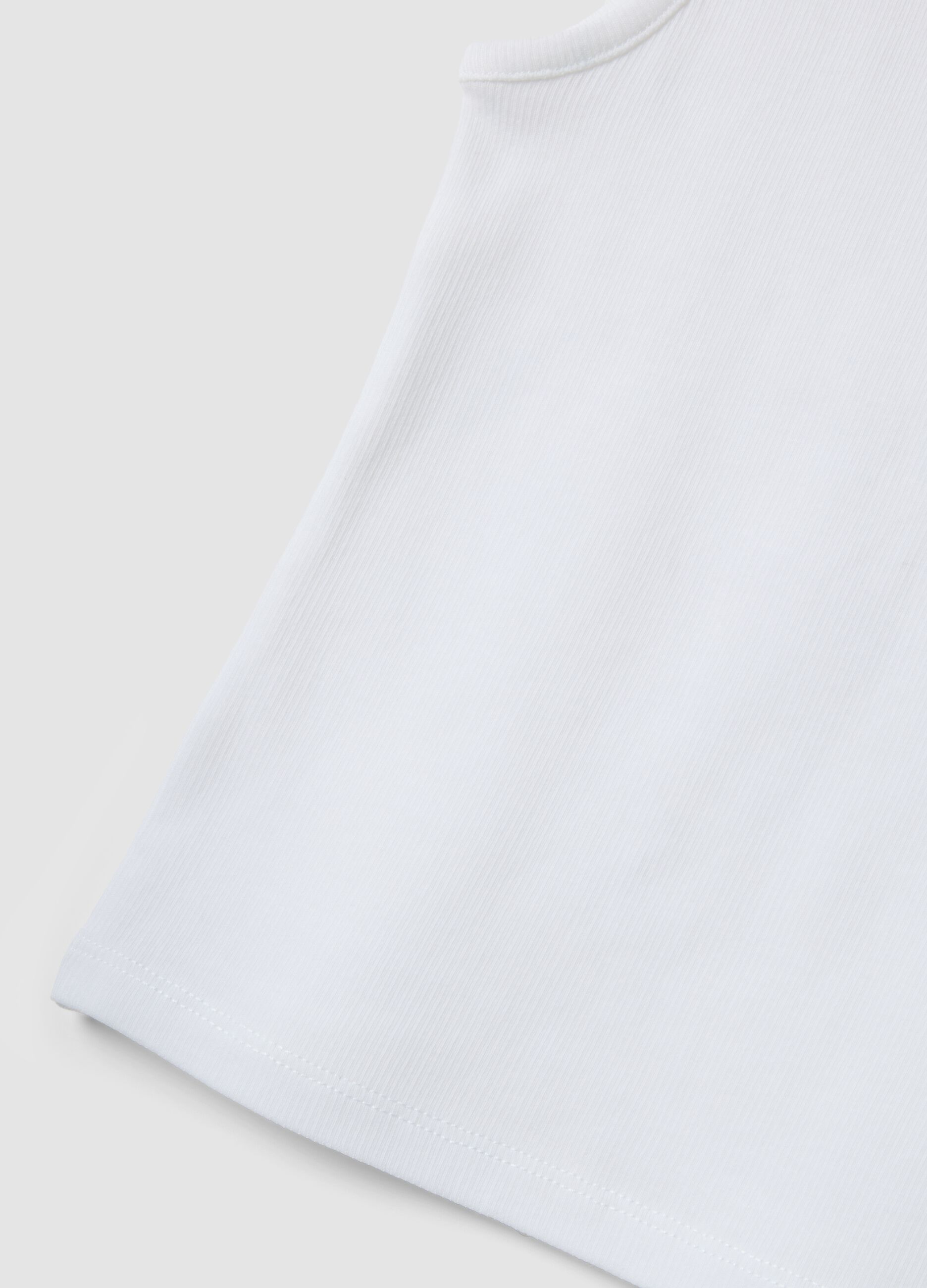 White stretch cotton ribbed tank top with appliqu&eacute; flower for girls, fitted