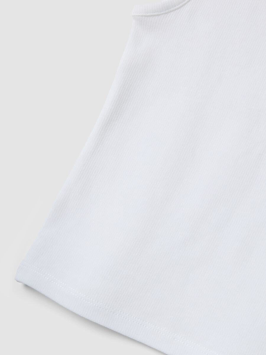 White stretch cotton ribbed tank top with appliqu&eacute; flower for girls, fitted_3