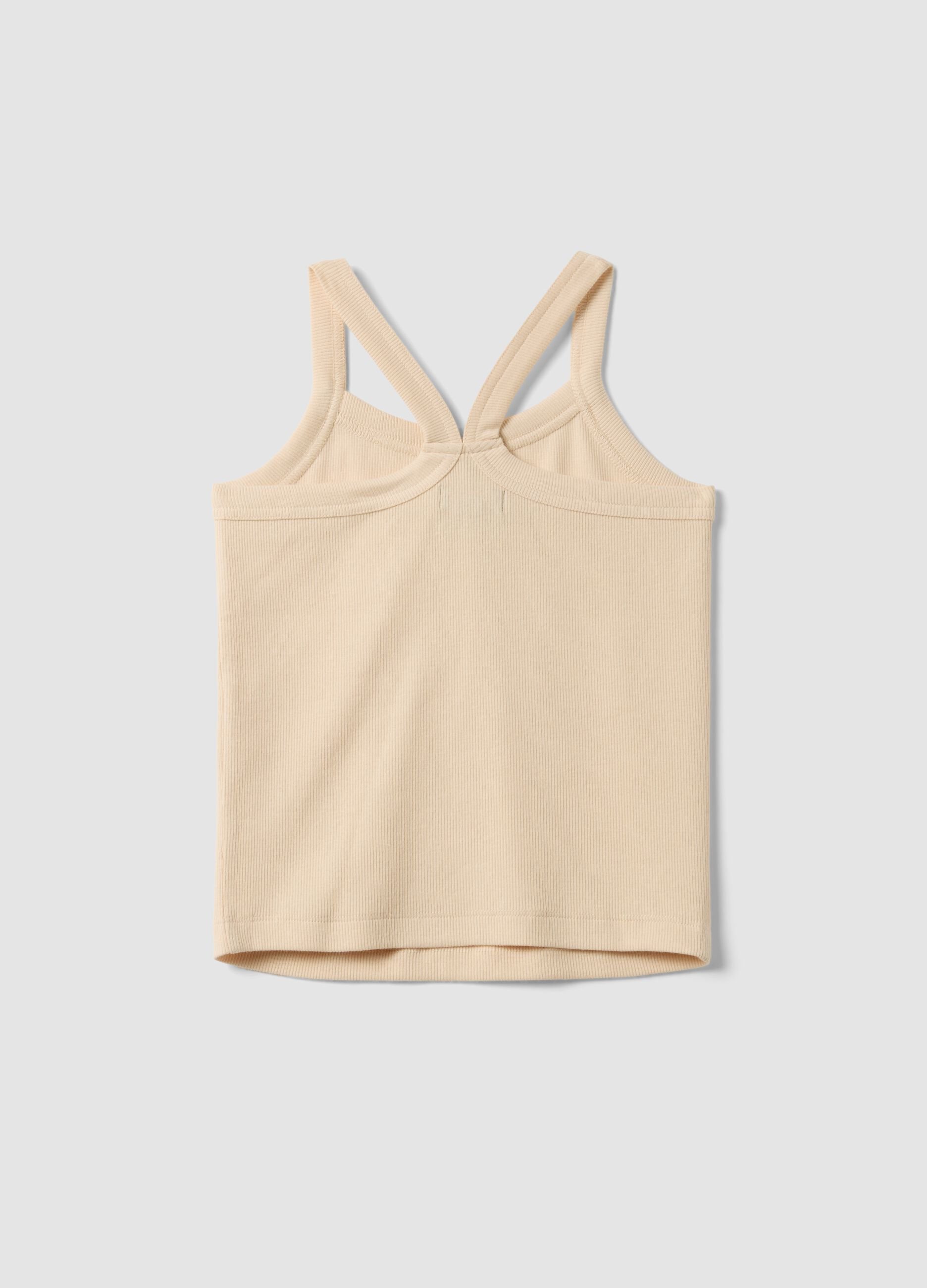 Tank top fitted beige in cotone elasticizzato a coste da ragazza