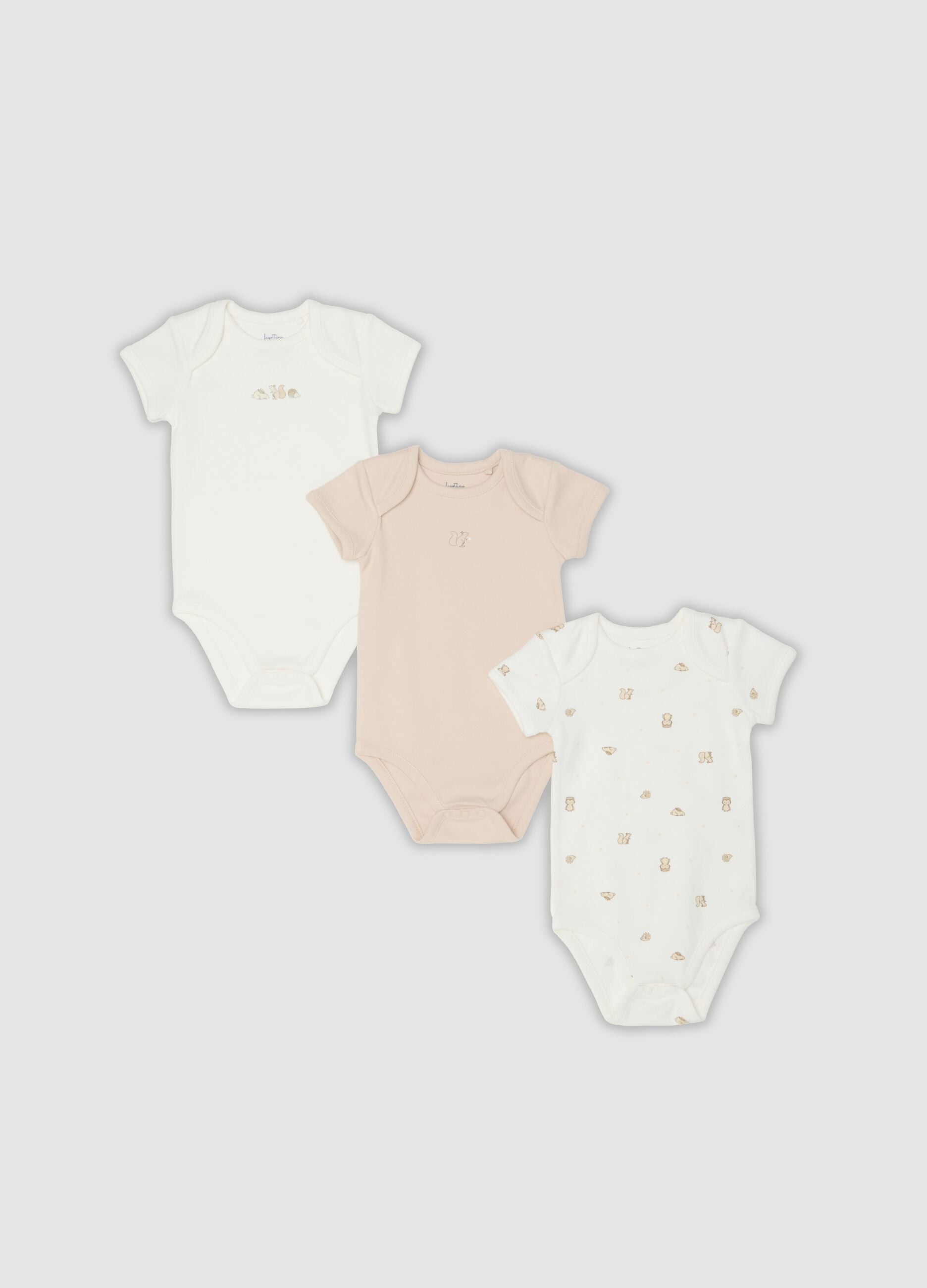 Tripack di body multicolor in puro cotone organico con stampe per neonati