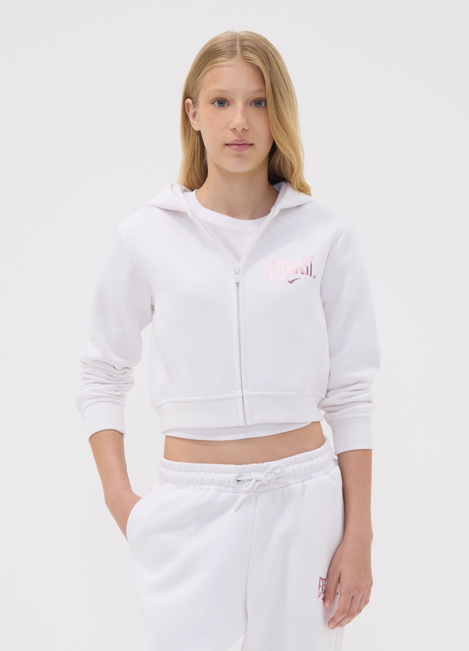 White hooded zip-up sweatshirt in cotton blend for girls, regular fit