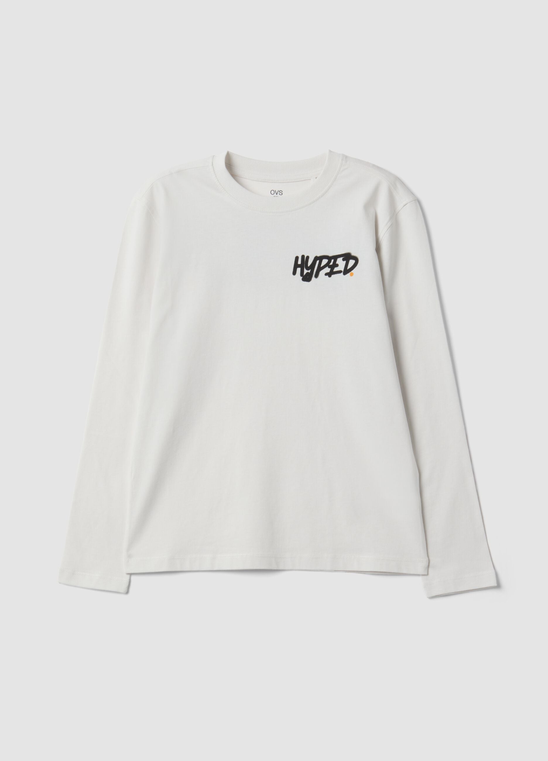 White pure organic cotton T-shirt with "Hyped" print for boys