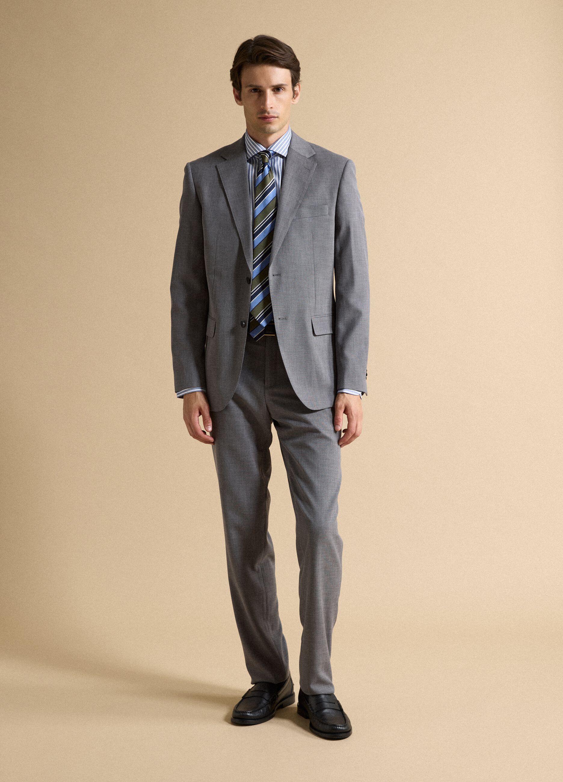 Blazer grigio in viscosa elasticizzata slim fit con rever classico