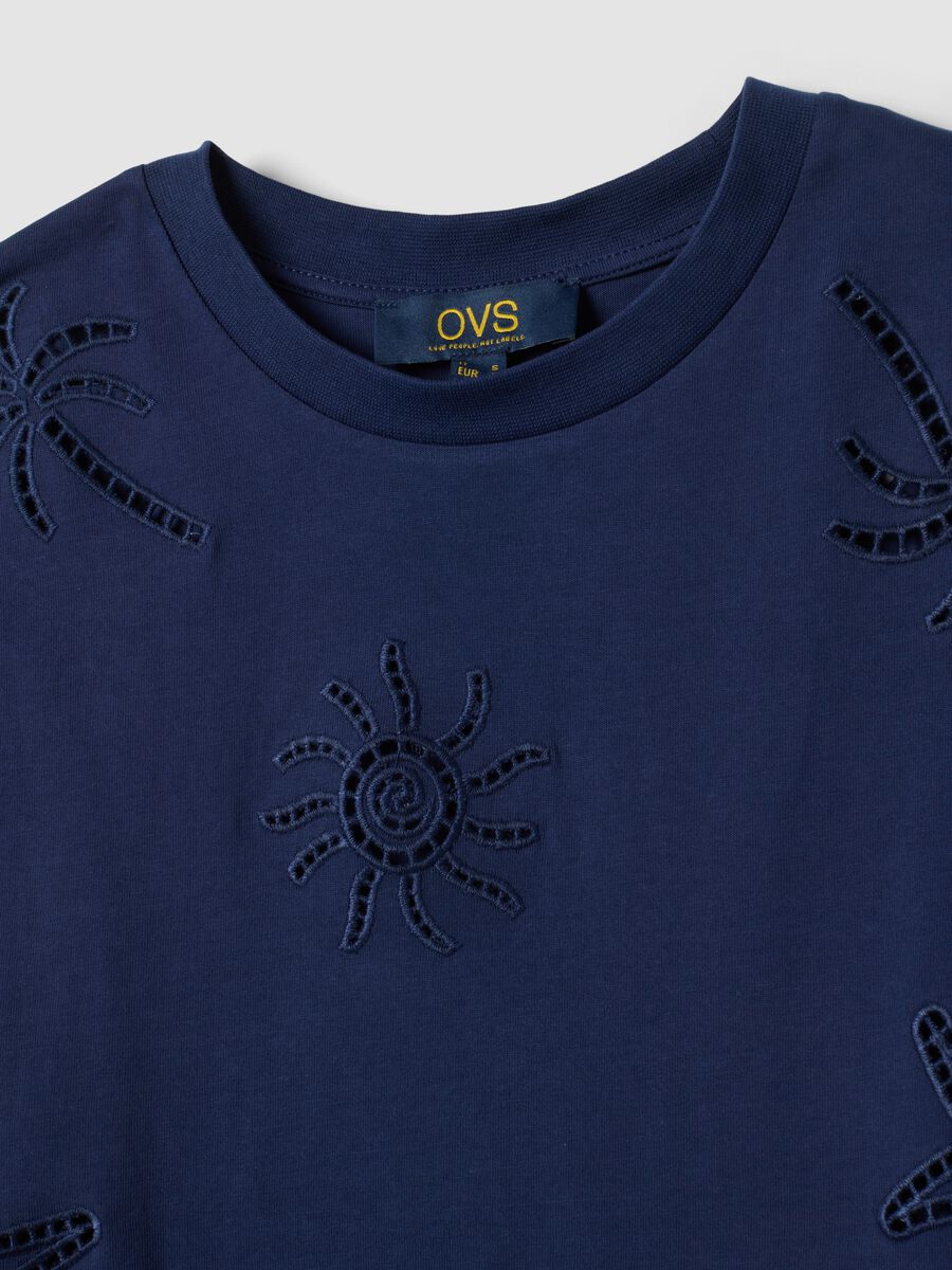 Blue pure cotton T-shirt with openwork embroidery, regular fit_1