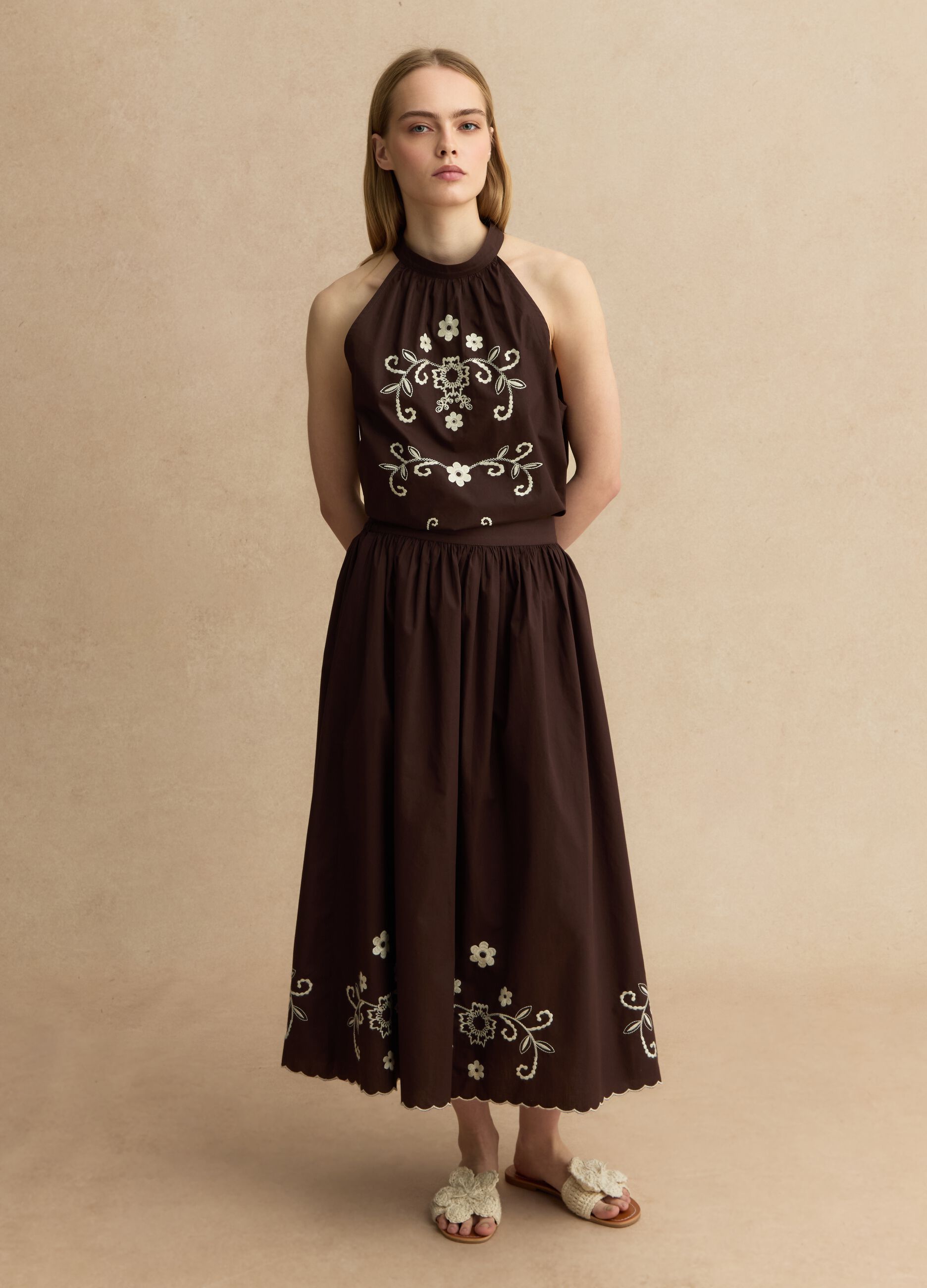 Brown pure cotton blouse regular fit with floral embroidery