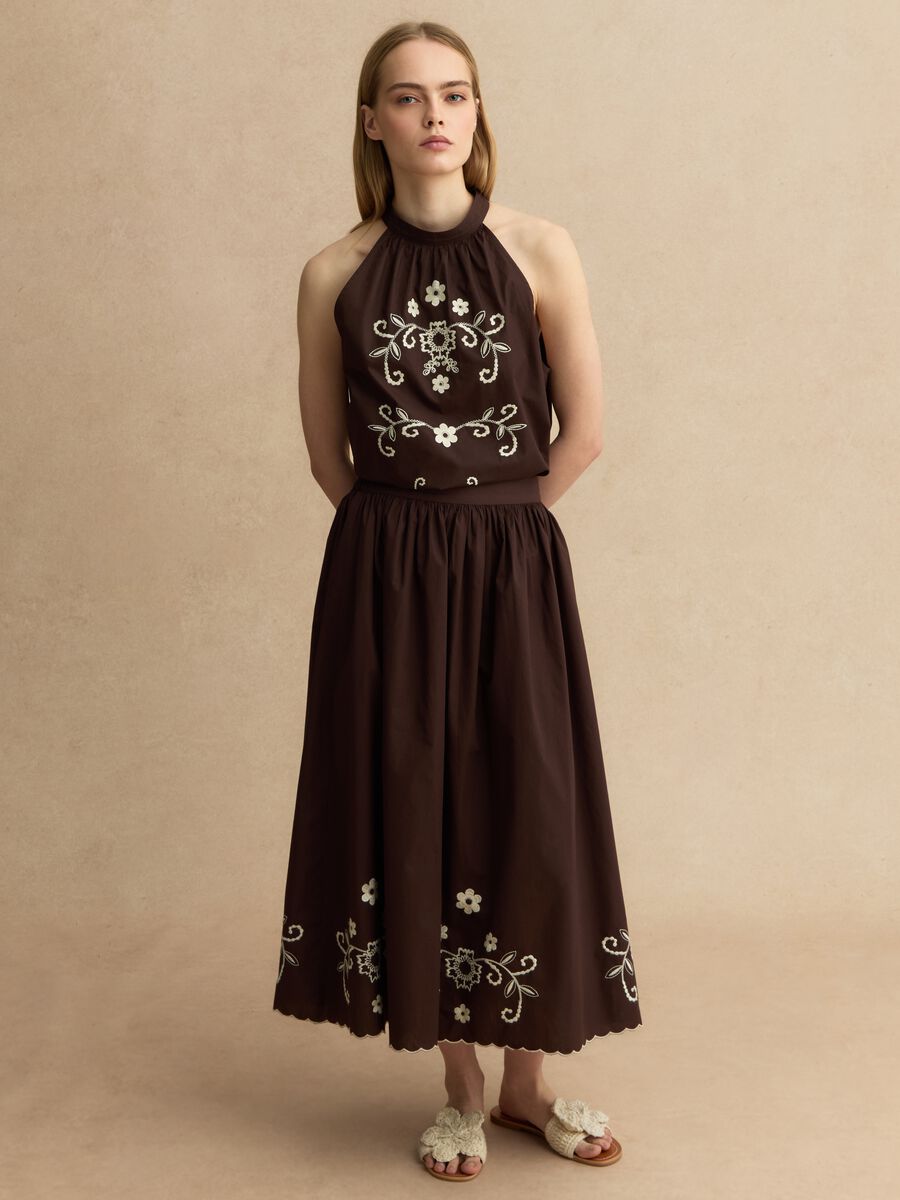 Braune Bluse aus reiner Baumwolle, Regular Fit, mit Blumenstickerei_2