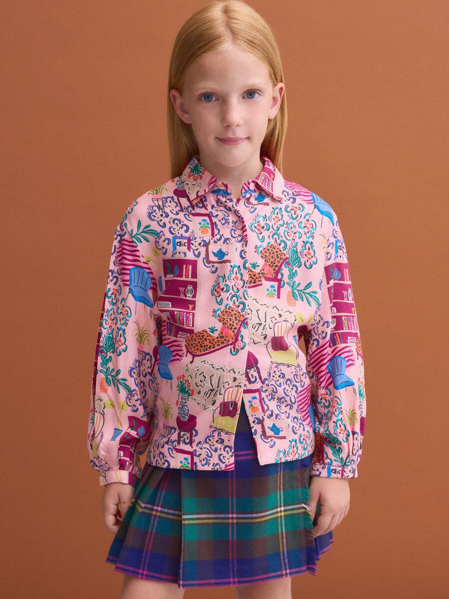 Camicia rosa in pura viscosa con fantasia e colletto classico per bambina_1