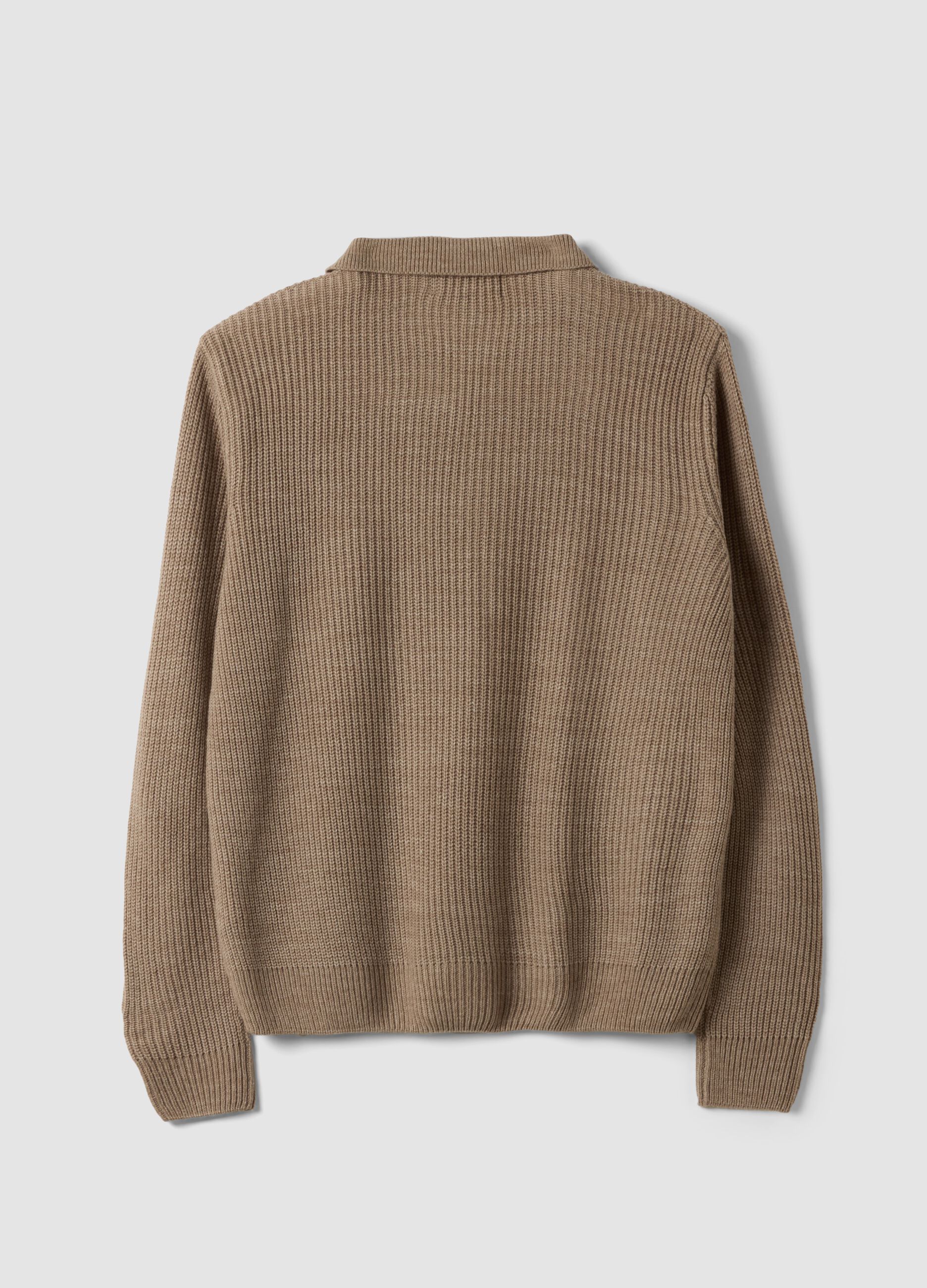 Beige long-sleeved ribbed knit polo shirt