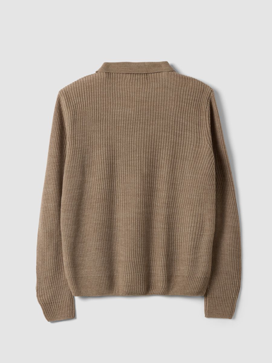 Beige long-sleeved ribbed knit polo shirt_2
