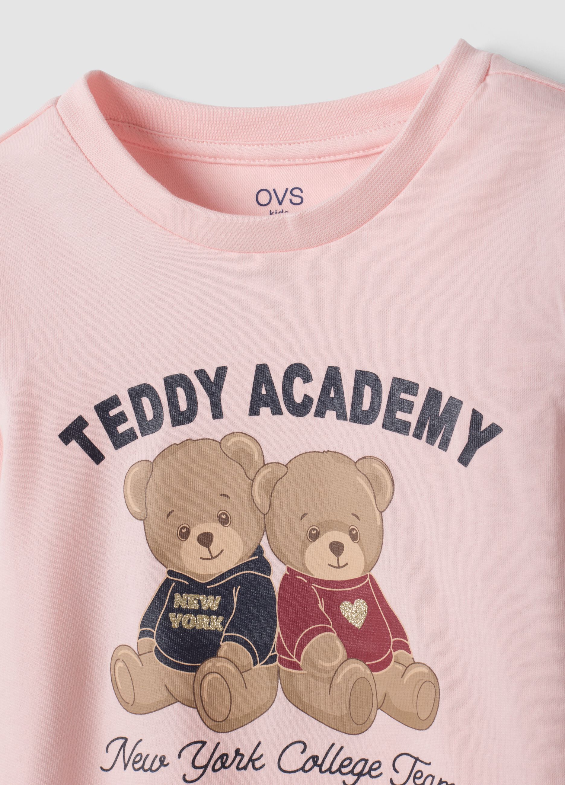 Pink pure organic cotton teddy print T-shirt for girls